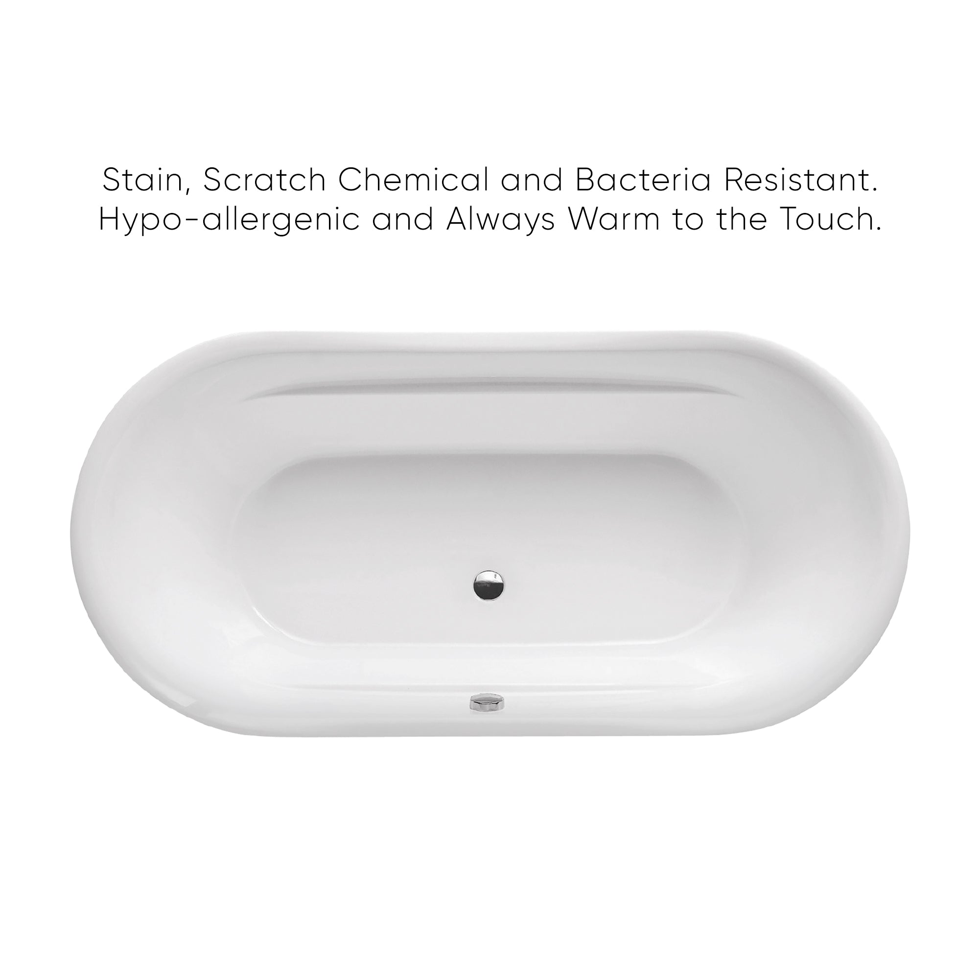 Bathhaus Oval Double Ended Lucite Acrylic Freestanding Bathtub with Curved Rim and a chrome mechanical pop-up waste and chrome center drain with internal overflow