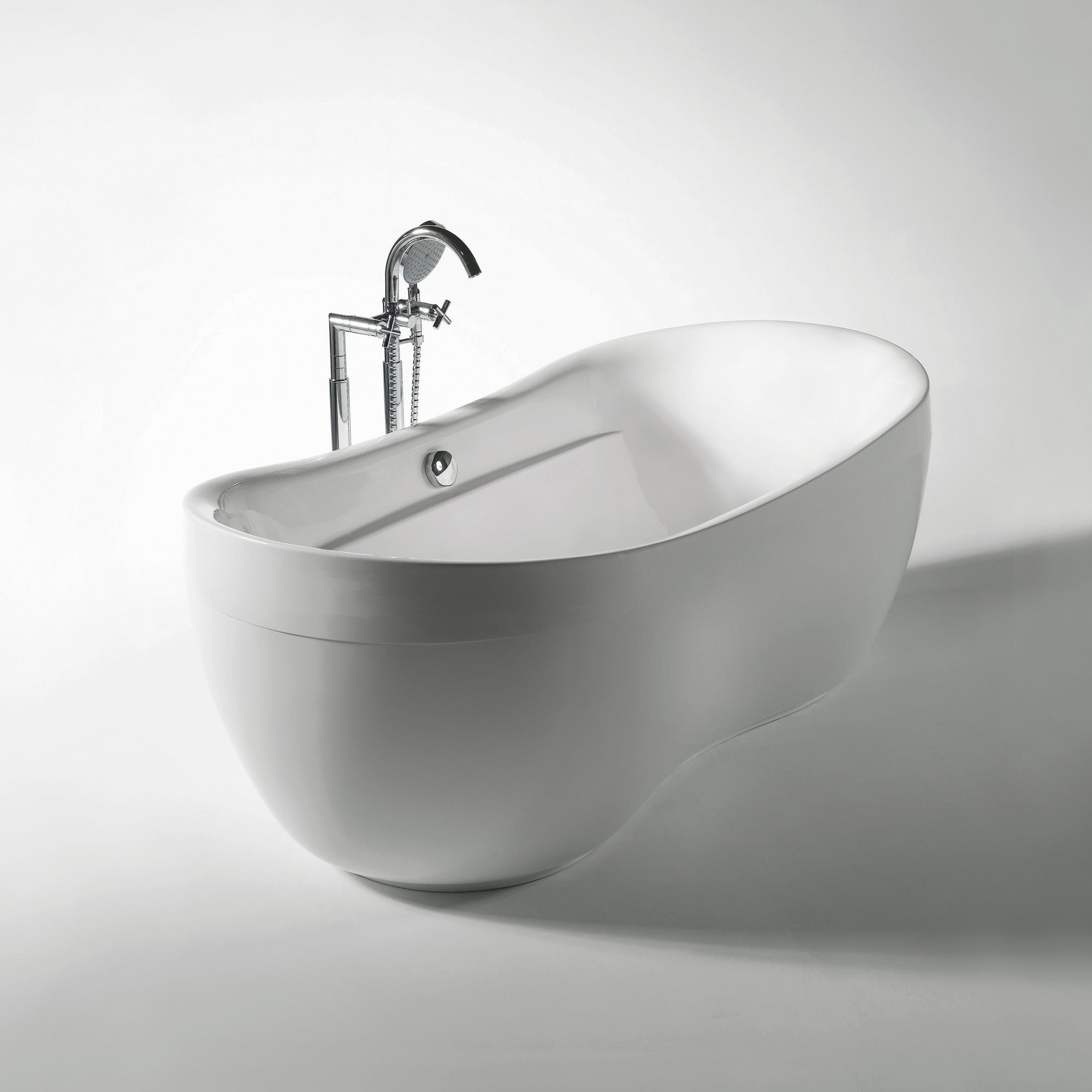 Bathhaus Oval Double Ended Lucite Acrylic Freestanding Bathtub with Curved Rim and a chrome mechanical pop-up waste and chrome center drain with internal overflow