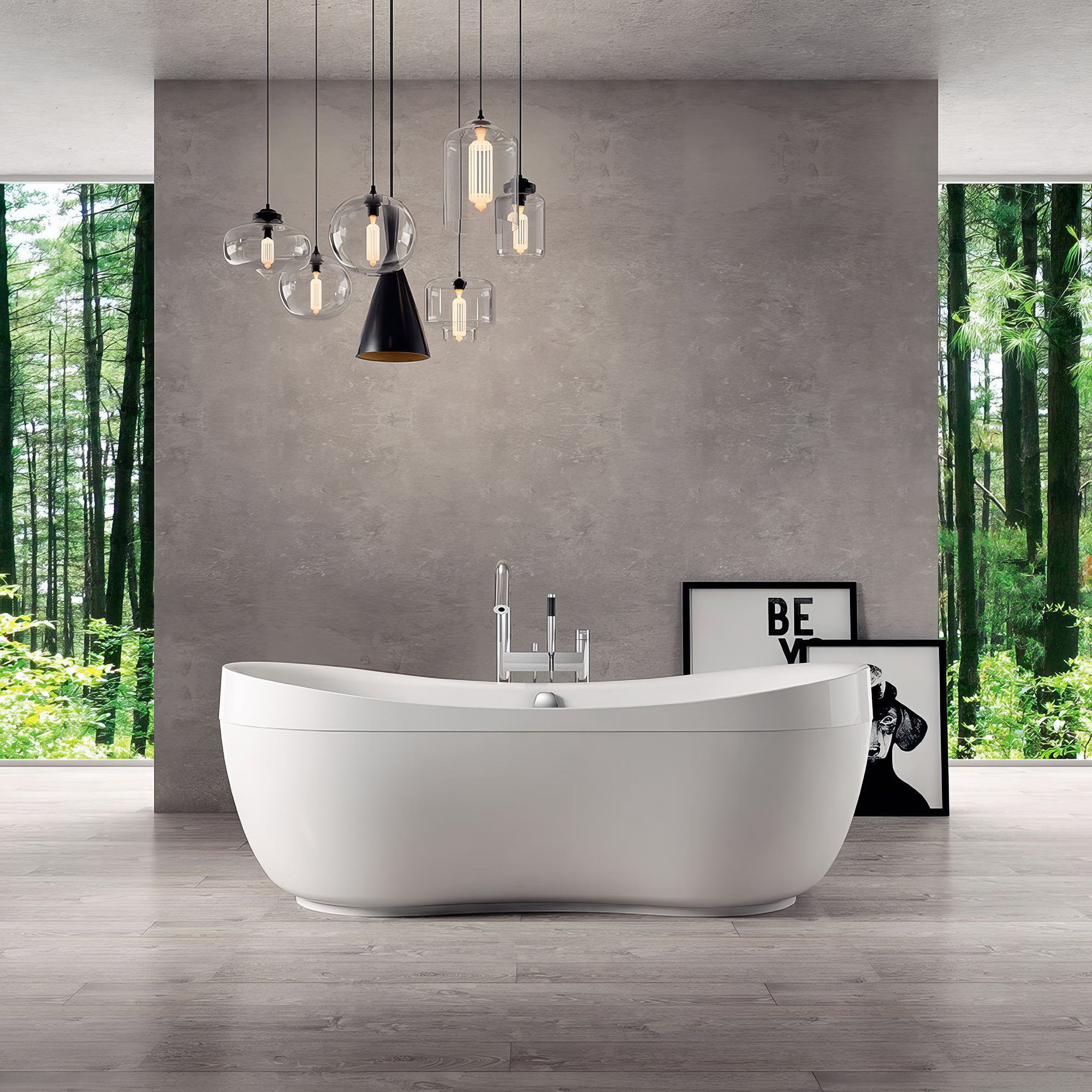 Bathhaus Oval Double Ended Lucite Acrylic Freestanding Bathtub with Curved Rim and a chrome mechanical pop-up waste and chrome center drain with internal overflow