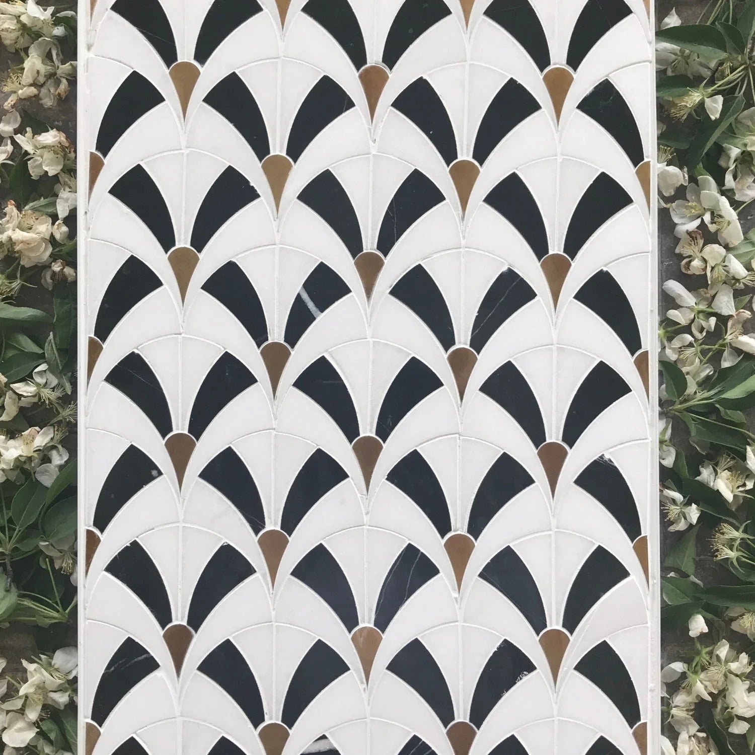 Fan Waterjet Mosaic Thassos Black Jade and Brass