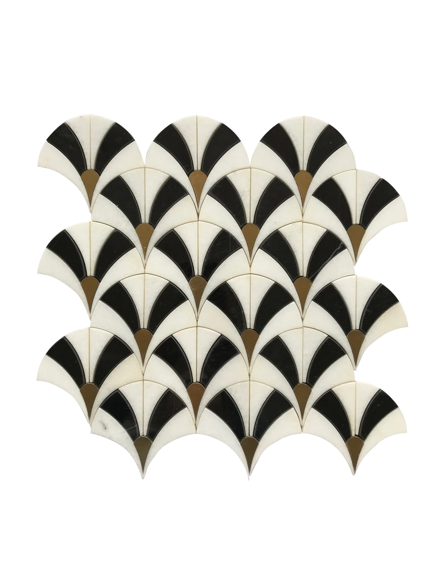 Fan Waterjet Mosaic Thassos Black Jade and Brass