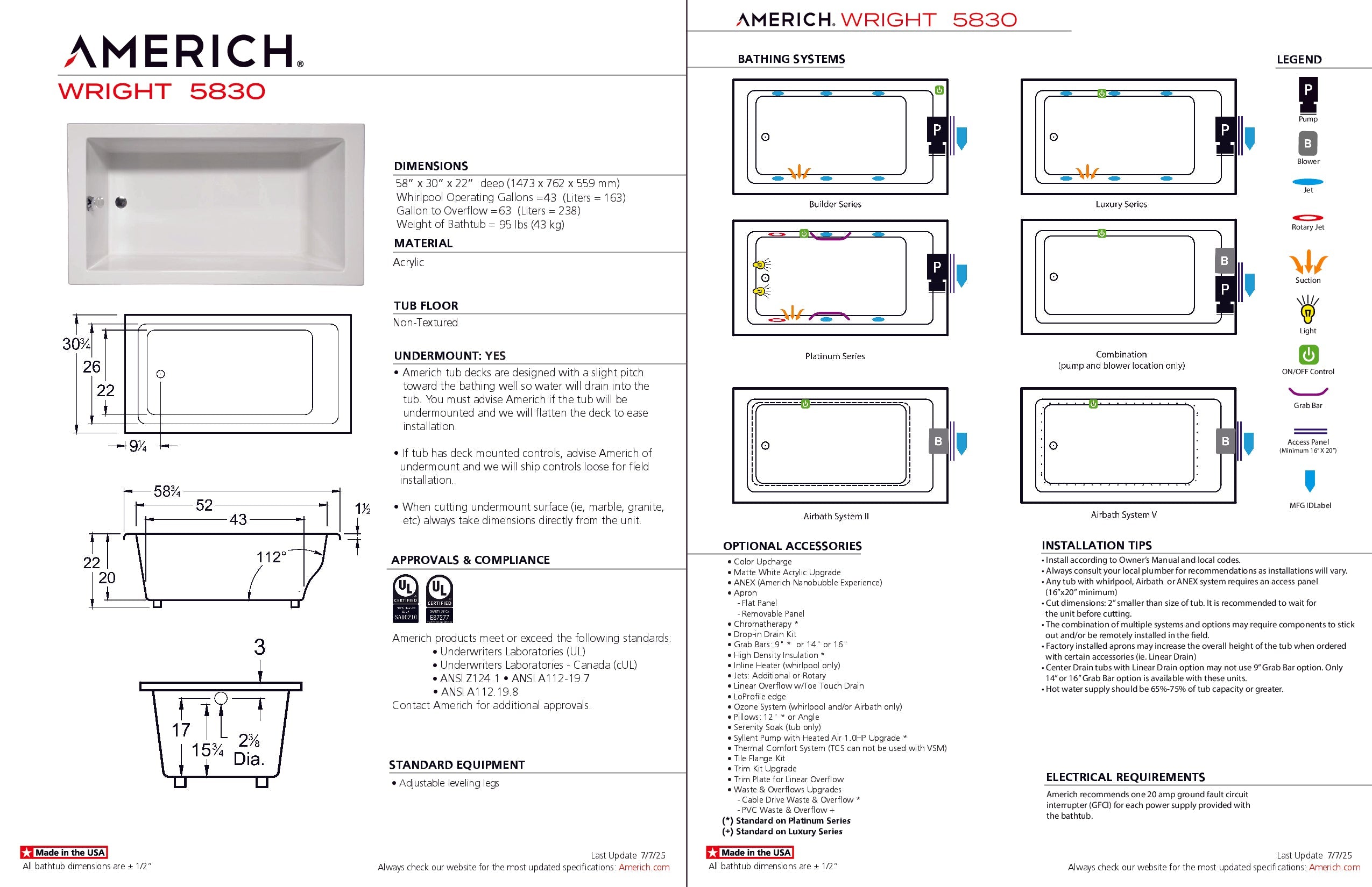 Americh Wright 5830 - Tub Only Drop-in Bathtub WR5830T-WH