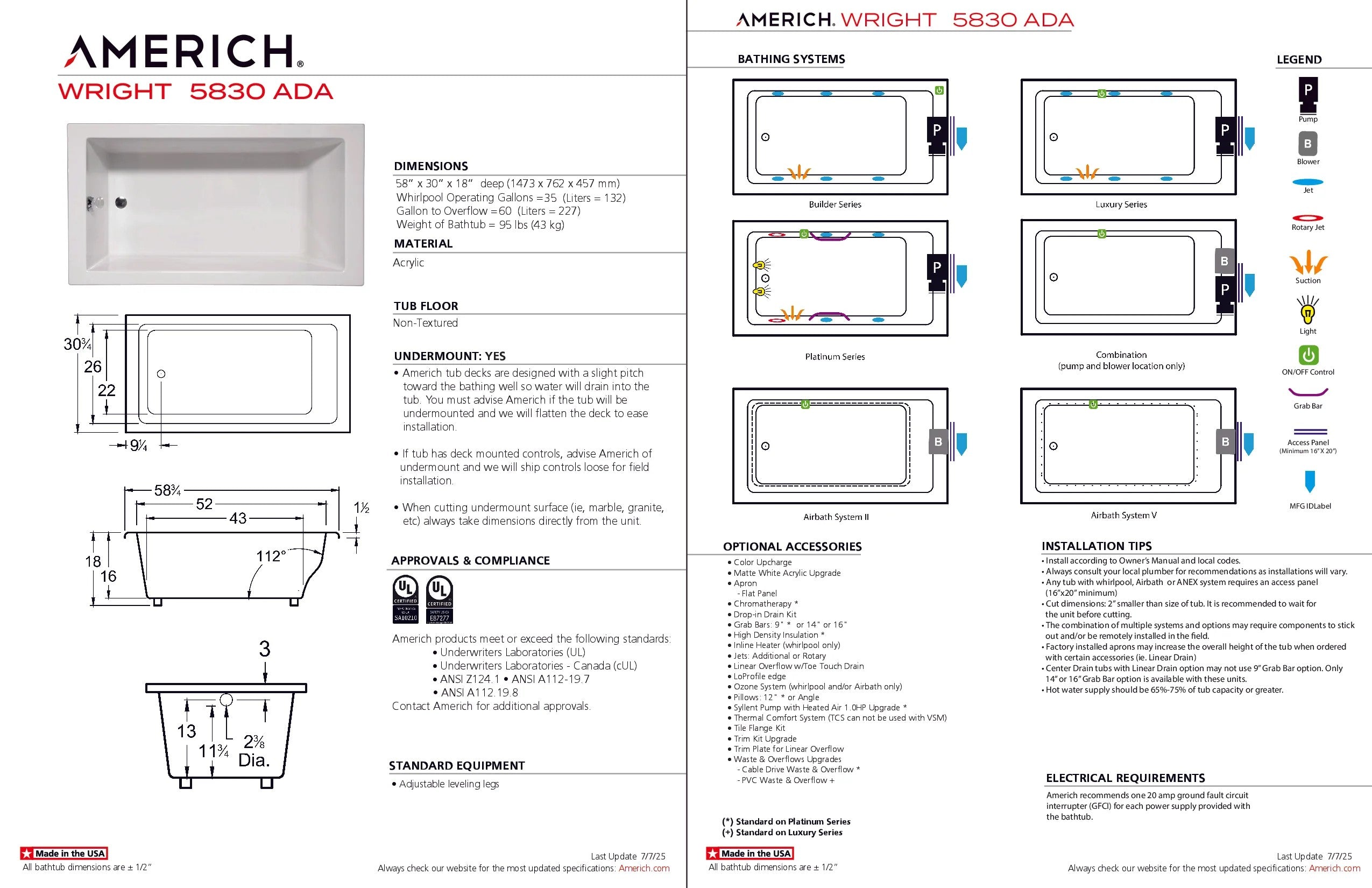 Americh Wright 5830 ADA - Builder Series Drop-in Bathtub WR5830ADAB-WH