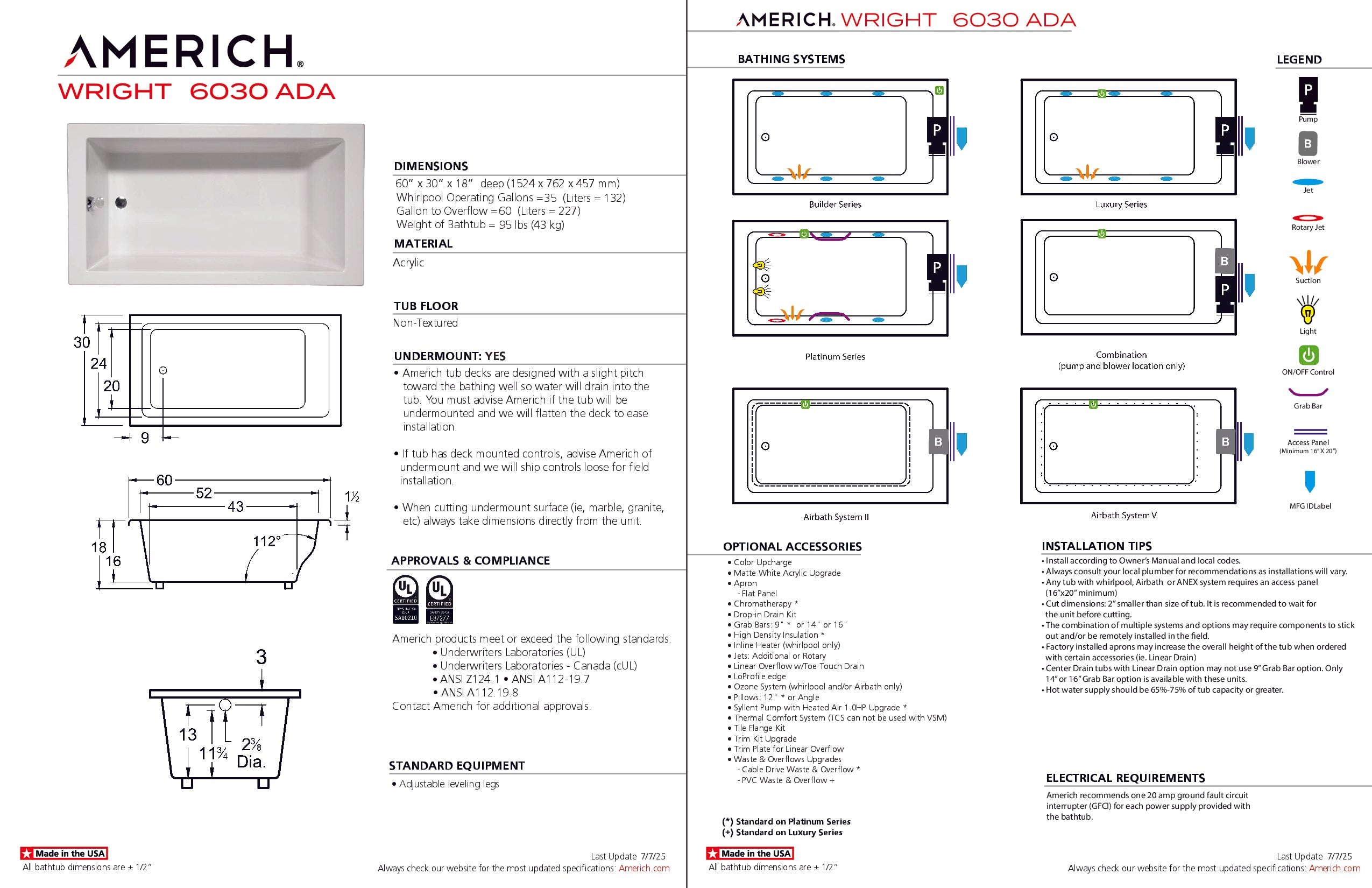 Americh Wright 6030 ADA - Luxury Series Drop-in Bathtub WR6030ADAL-WH