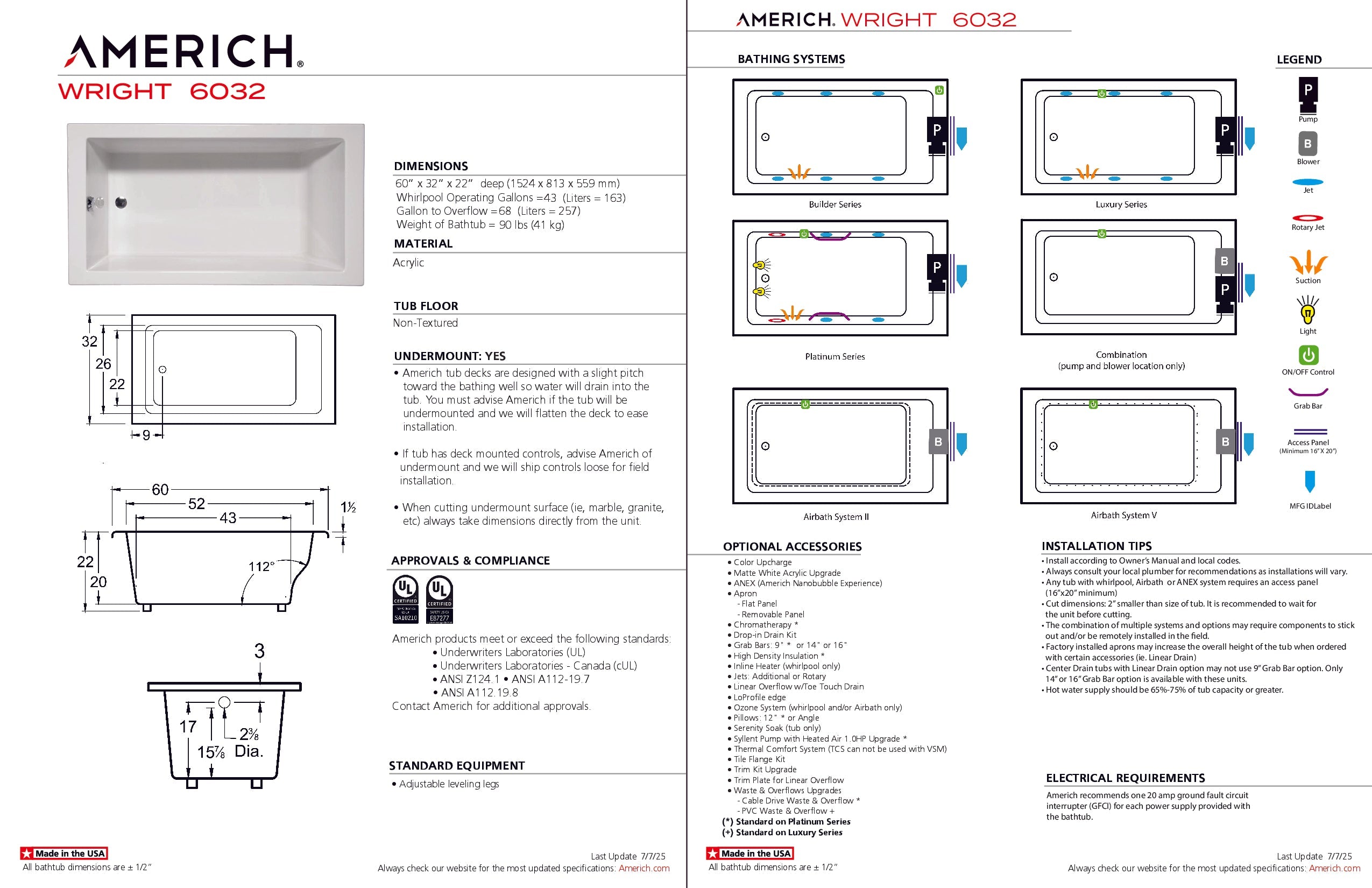 Americh Wright 6032 - Builder Series Drop-in Bathtub WR6032B-WH