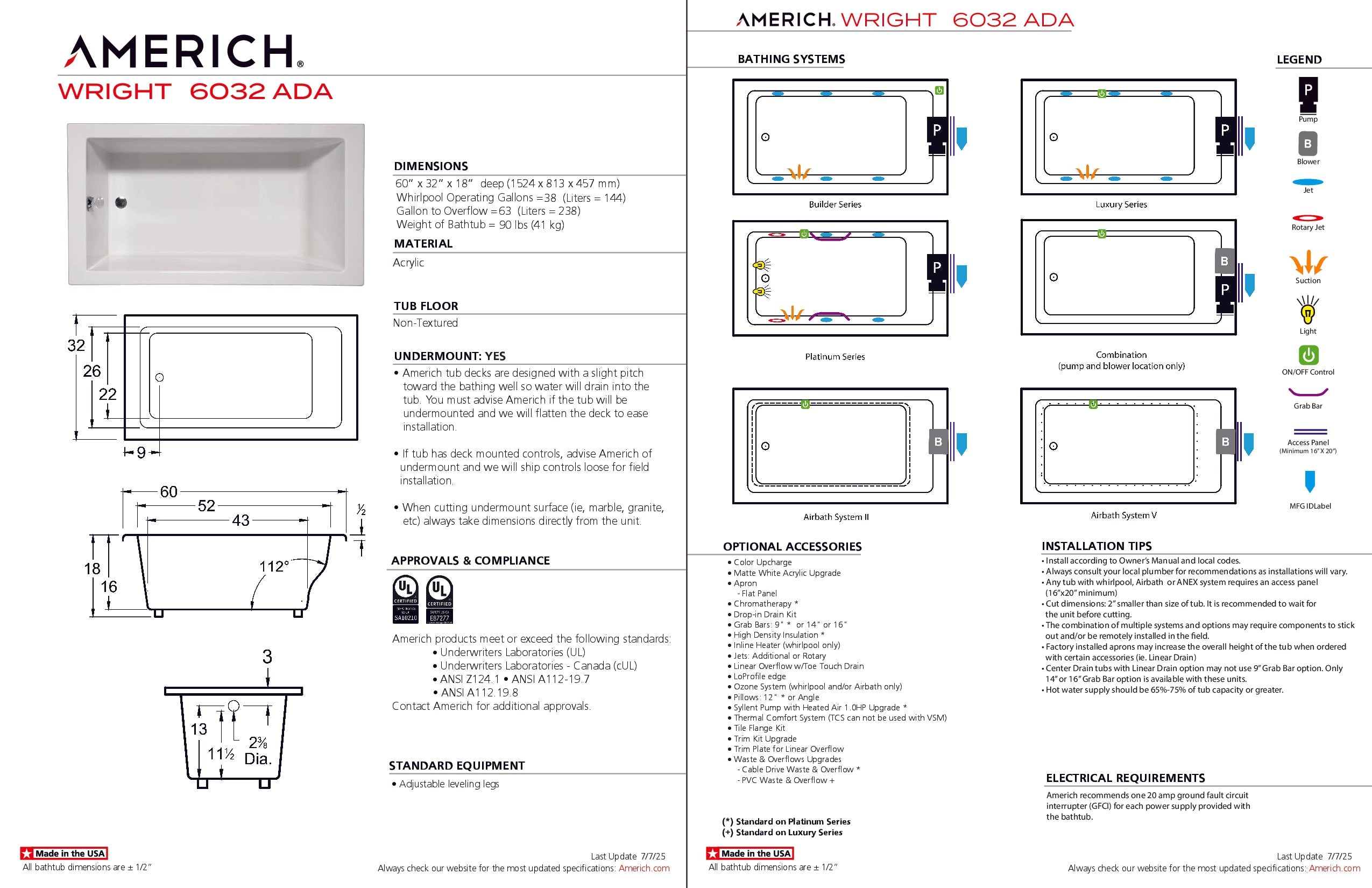 Americh Wright 6032 ADA - Platinum Series Drop-in Bathtub WR6032ADAP-WH
