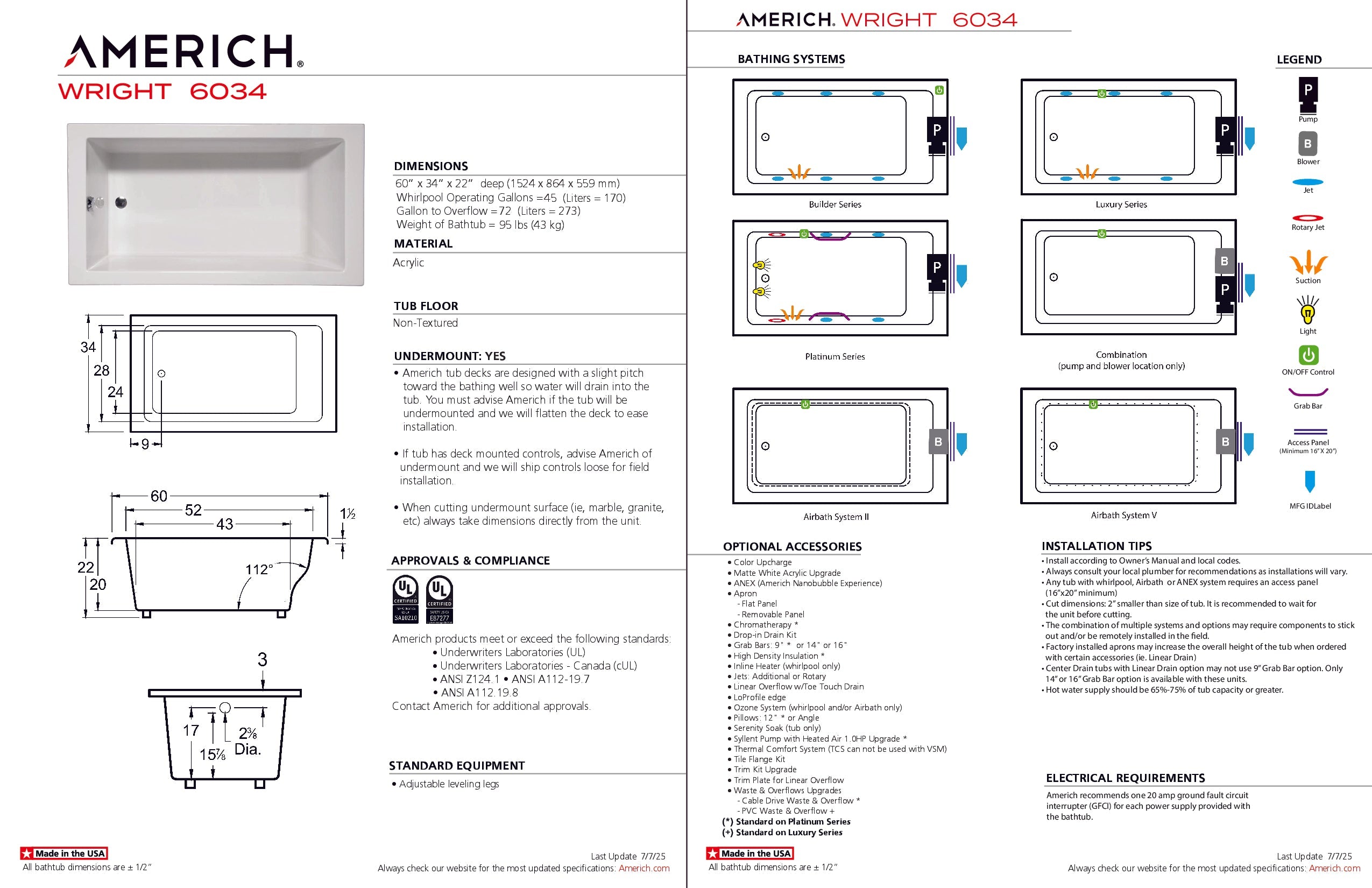 Americh Wright 6034 - Builder Series Drop-in Bathtub WR6034B-WH