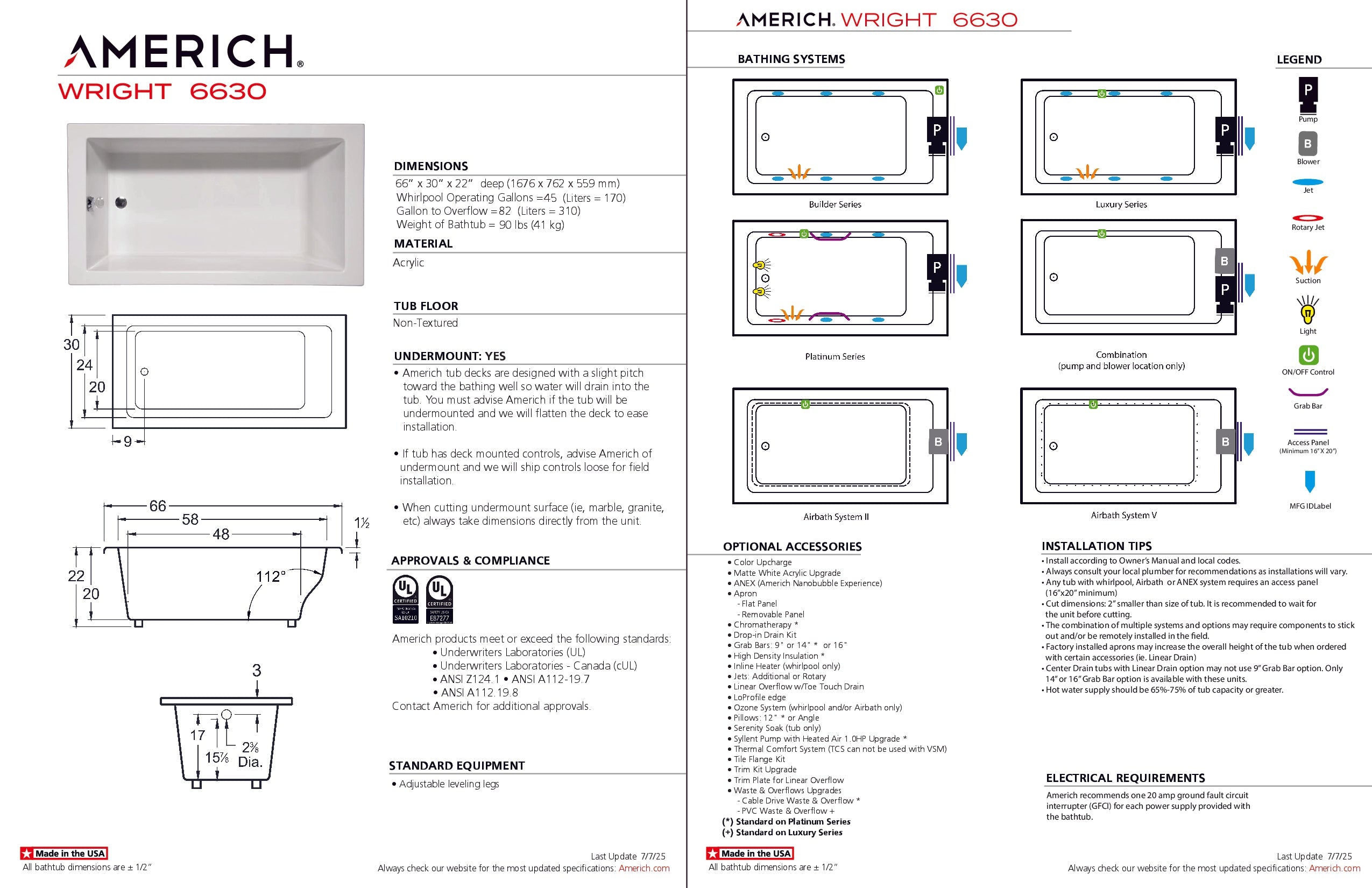 Americh Wright 6630 - Builder Series Drop-in Bathtub WR6630B-WH