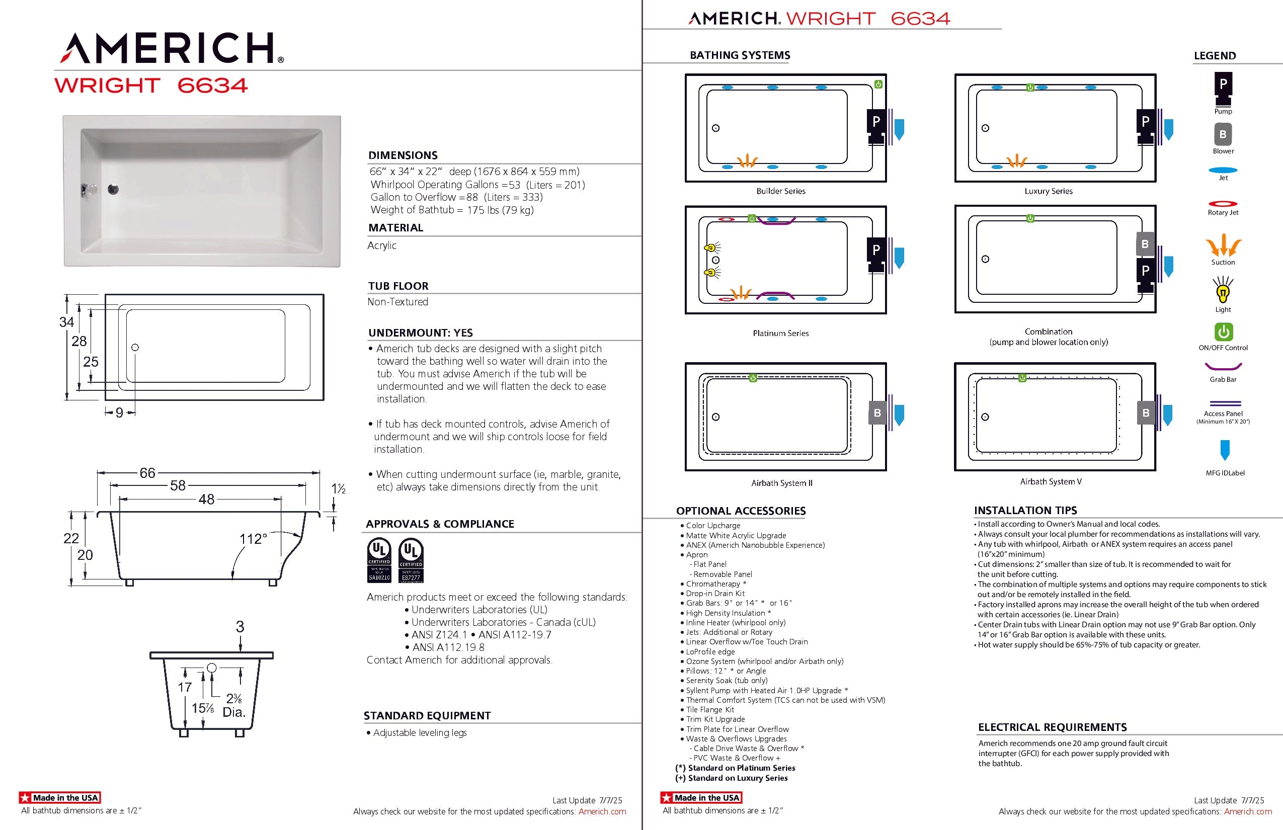 Americh Wright 6634 - Platinum Series Drop-in Bathtub WR6634P-WH