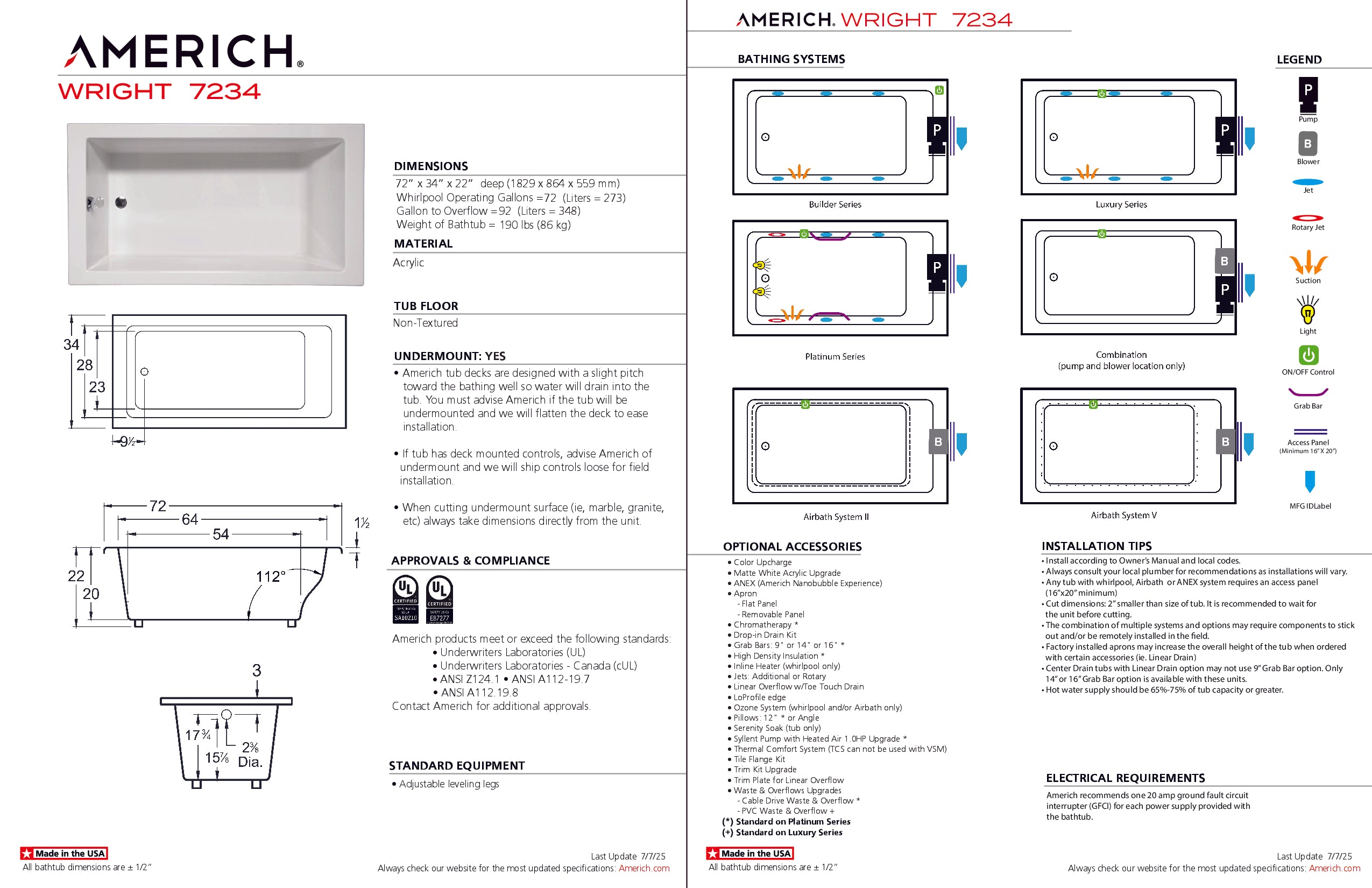 Americh Wright 7234 - Luxury Series Drop-in Bathtub WR7234L-WH