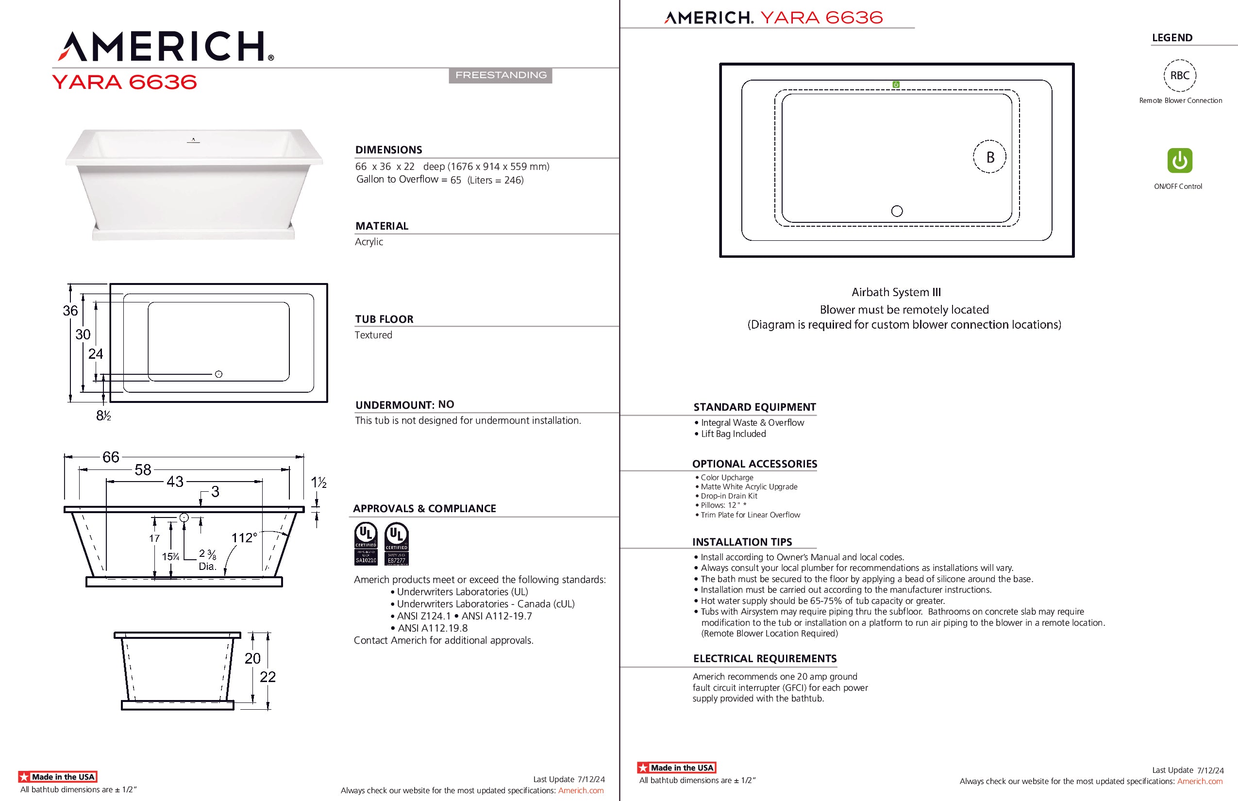 Americh Yara 6636 - Tub Only Freestanding Bathtub YR6636T-WH