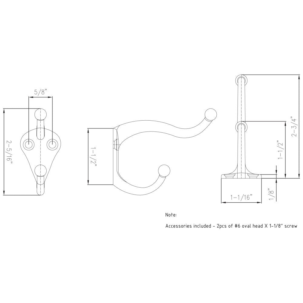Hardware Resources 2-5/16" Traditional Double Prong Ball End Wall Mounted Hook