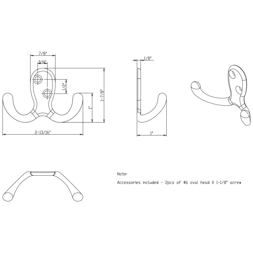 Hardware Resources 1-7/8" Sleek and Casual Double Prong Wall Mounted Hook