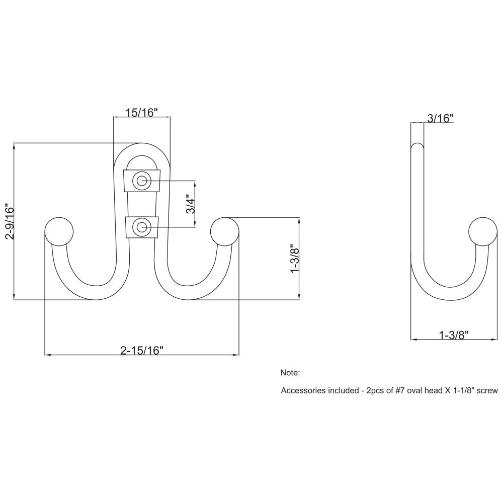 Hardware Resources 2-9/16" Classic Double Prong Ball End Wall Mounted Hook