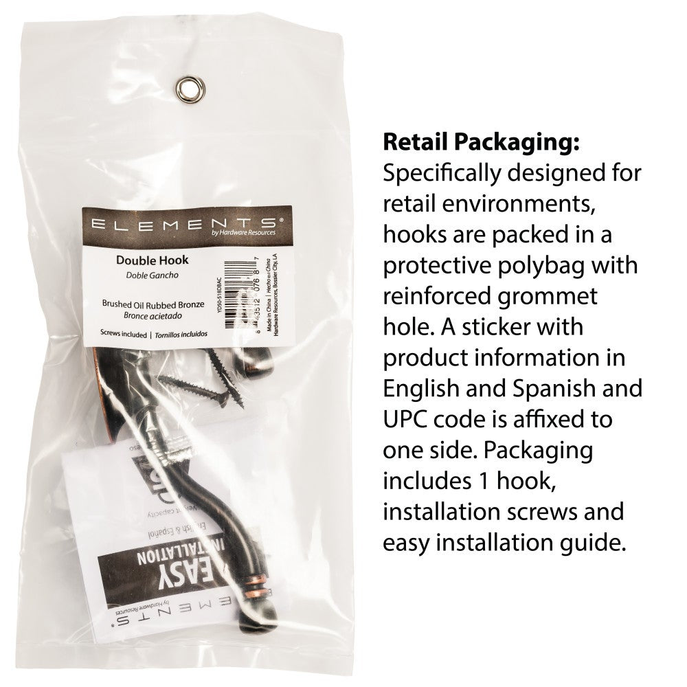 Hardware Resources 3-3/8" Small Transitional Double Prong Wall Mounted Hook