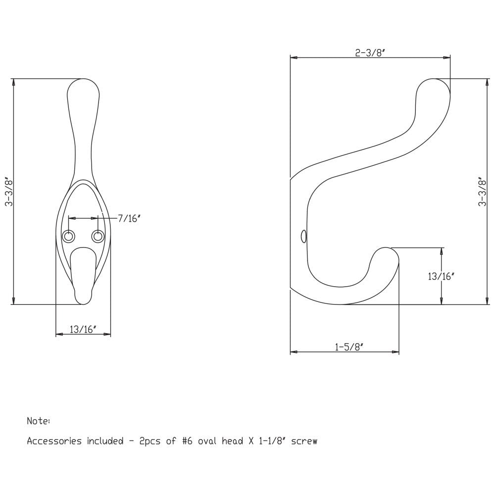 Hardware Resources 3-3/8" Small Transitional Double Prong Wall Mounted Hook