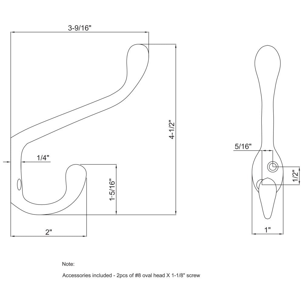 Hardware Resources 4-1/2" Large Transitional Double Prong Wall Mounted Hook