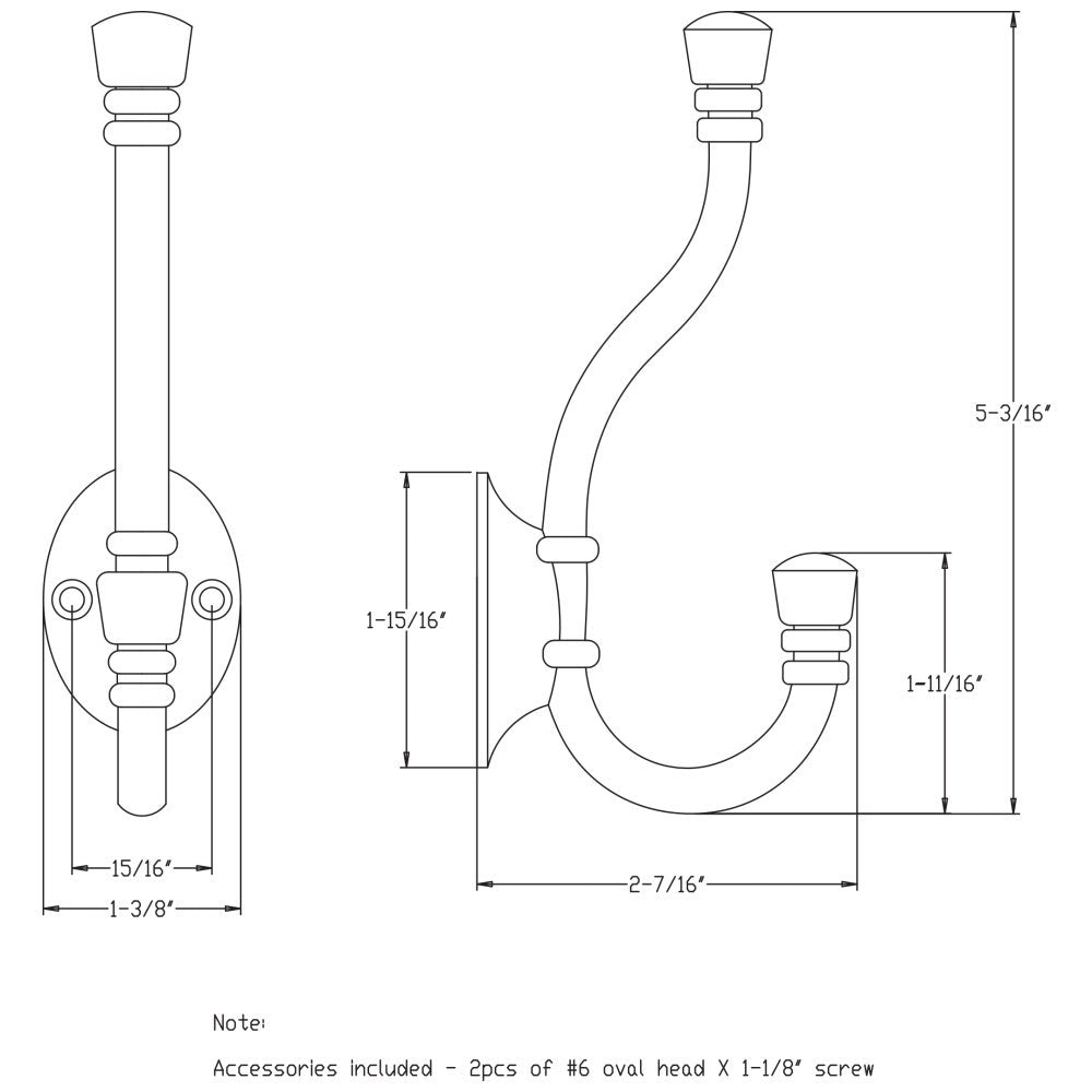 Hardware Resources 5-3/16" Ringed Contemporary Double Prong Wall Mounted Hook