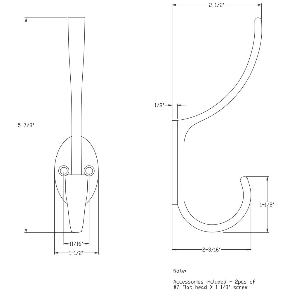 Hardware Resources 5-7/8" Flared Transitional Double Prong Wall Mounted Hook
