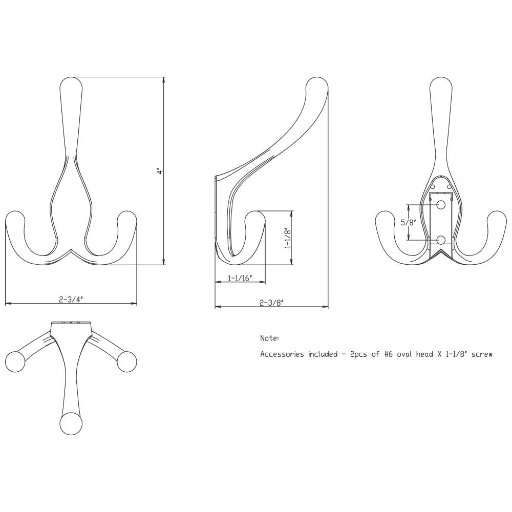Hardware Resources 4" Large Concealed Triple Prong Wall Mounted Hook