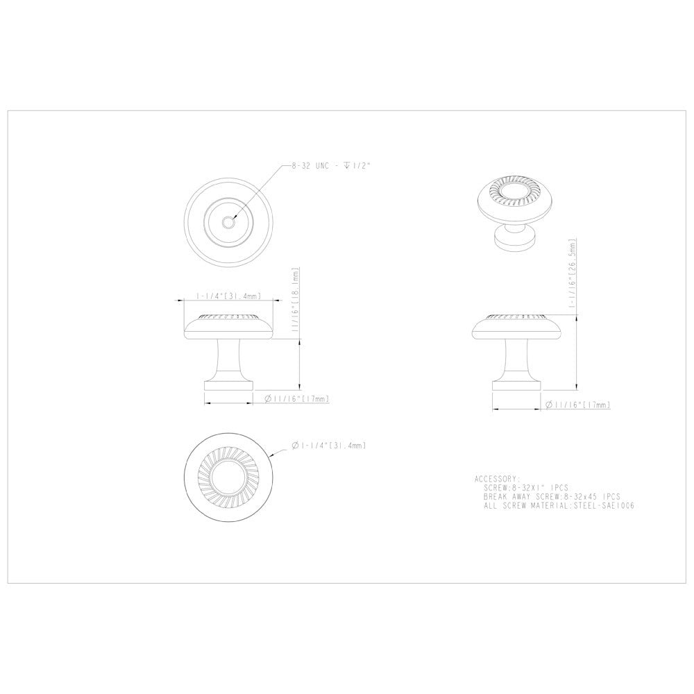 Hardware Resources 1-1/4" Diameter Satin Nickel Rope Detailed Cypress Cabinet Mushroom Knob