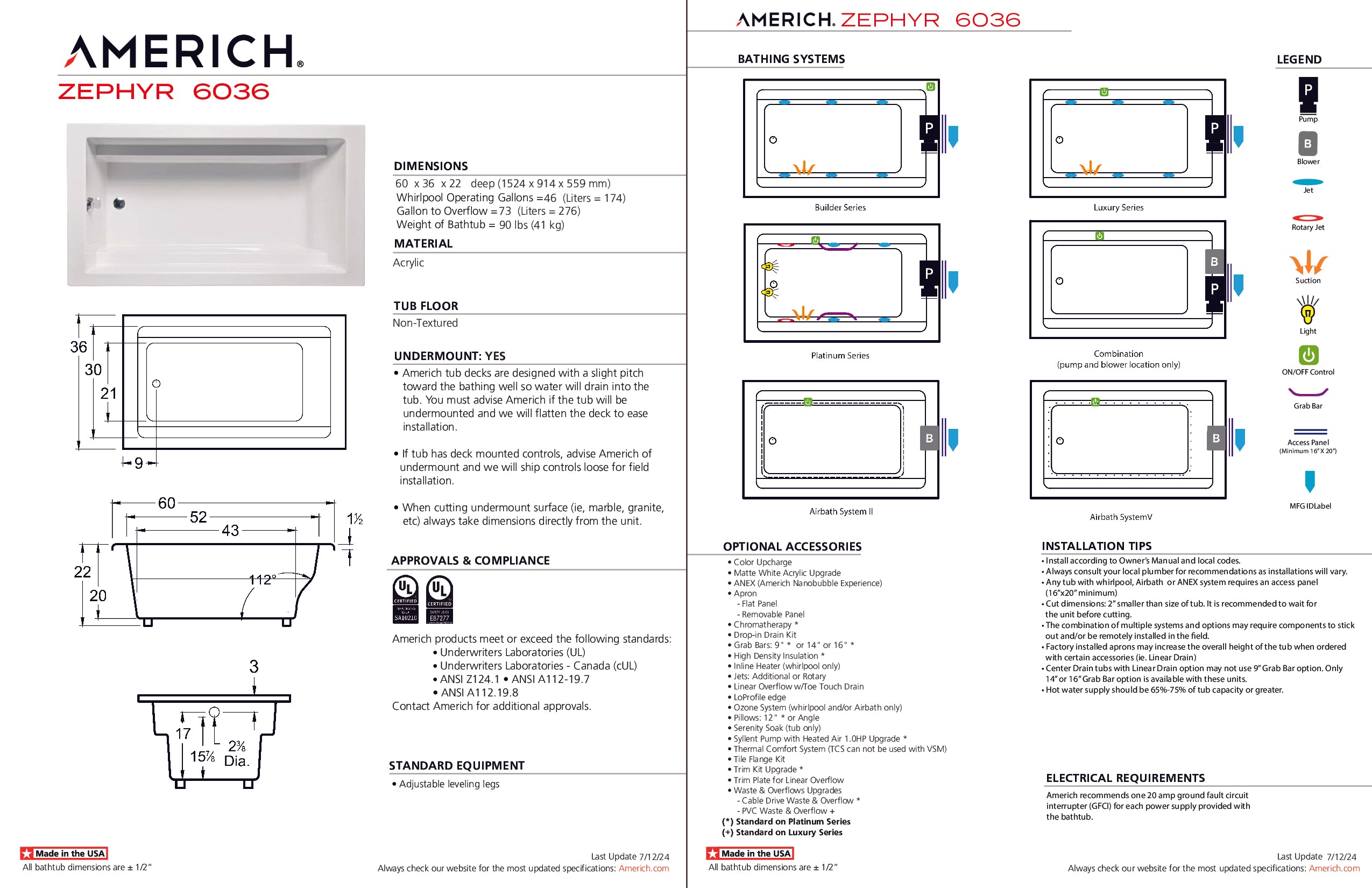Americh Zephyr 6036 - Luxury Series Drop-in Bathtub ZP6036L-WH