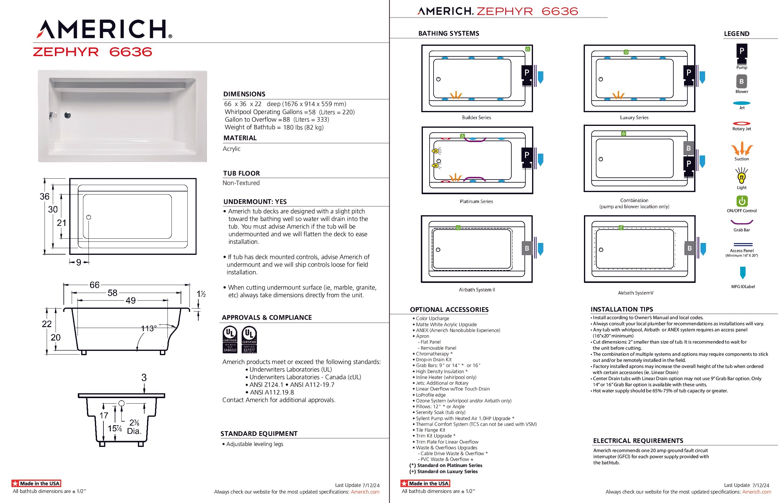 Americh Zephyr 6636 - Platinum Series Drop-in Bathtub ZP6636P-WH