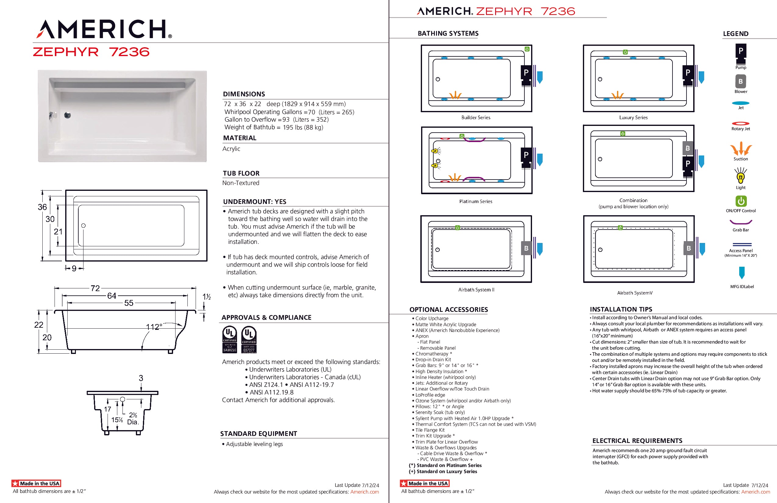 Americh Zephyr 7236 - Builder Series Drop-in Bathtub ZP7236B-WH
