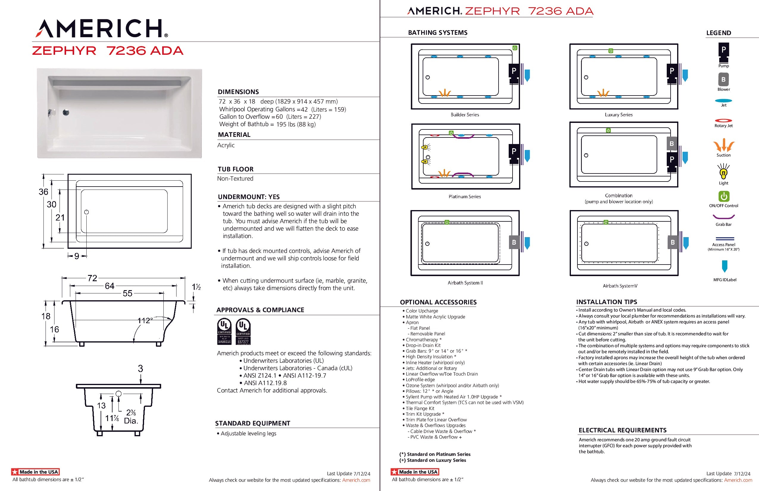 Americh Zephyr 7236 - Luxury Series Drop-in Bathtub ZP7236L-WH