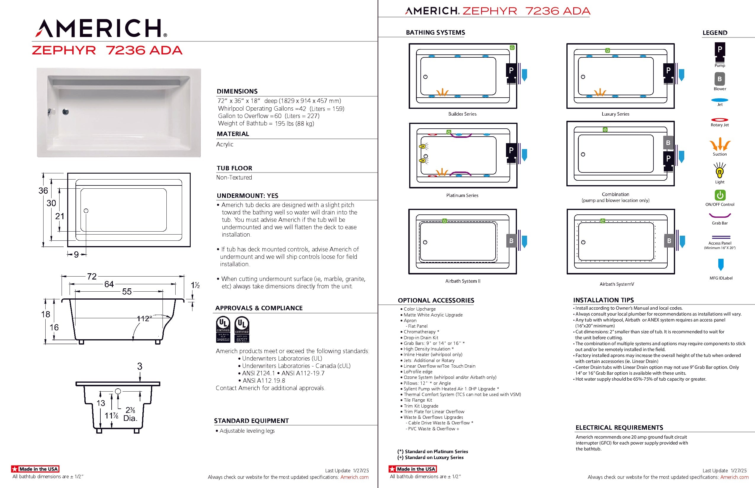 Americh Zephyr 7236 ADA - Builder Series Drop-in Bathtub ZP7236ADAB-WH