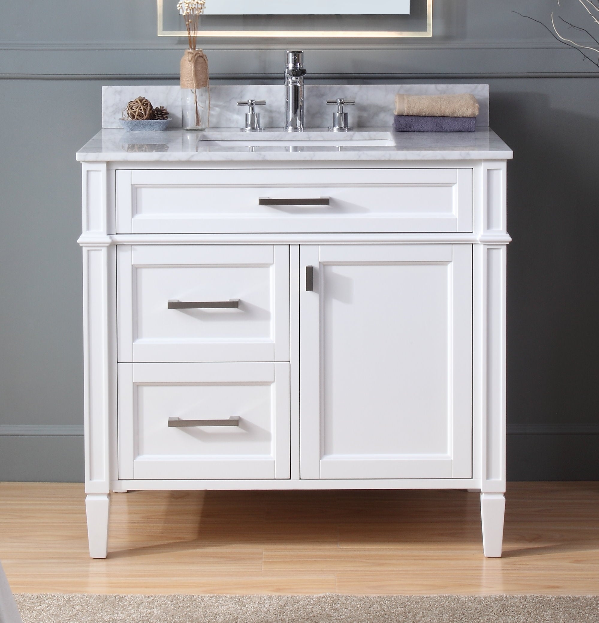 Chans Furniture QT-1808-V36W 36 Inch Durand Modern White Bathroom Sink Vanity with Stone Counter Top