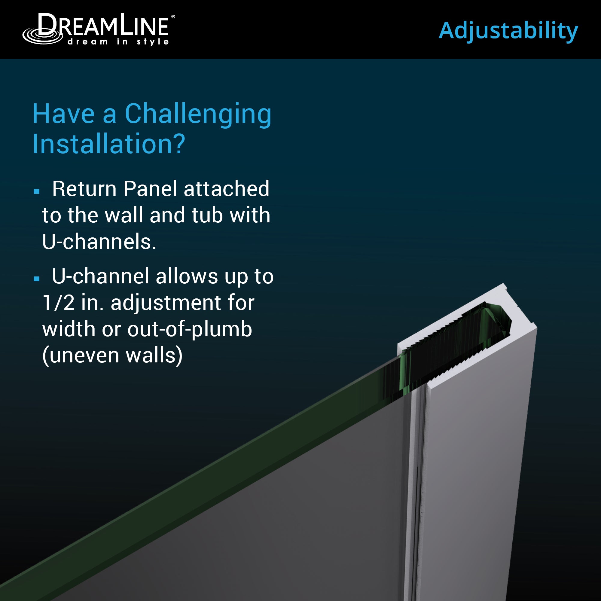 DreamLine Aqua Uno 56 - 60 inch W x 30 inch D x 58 inch H Frameless Hinged Tub Door with Return Panel