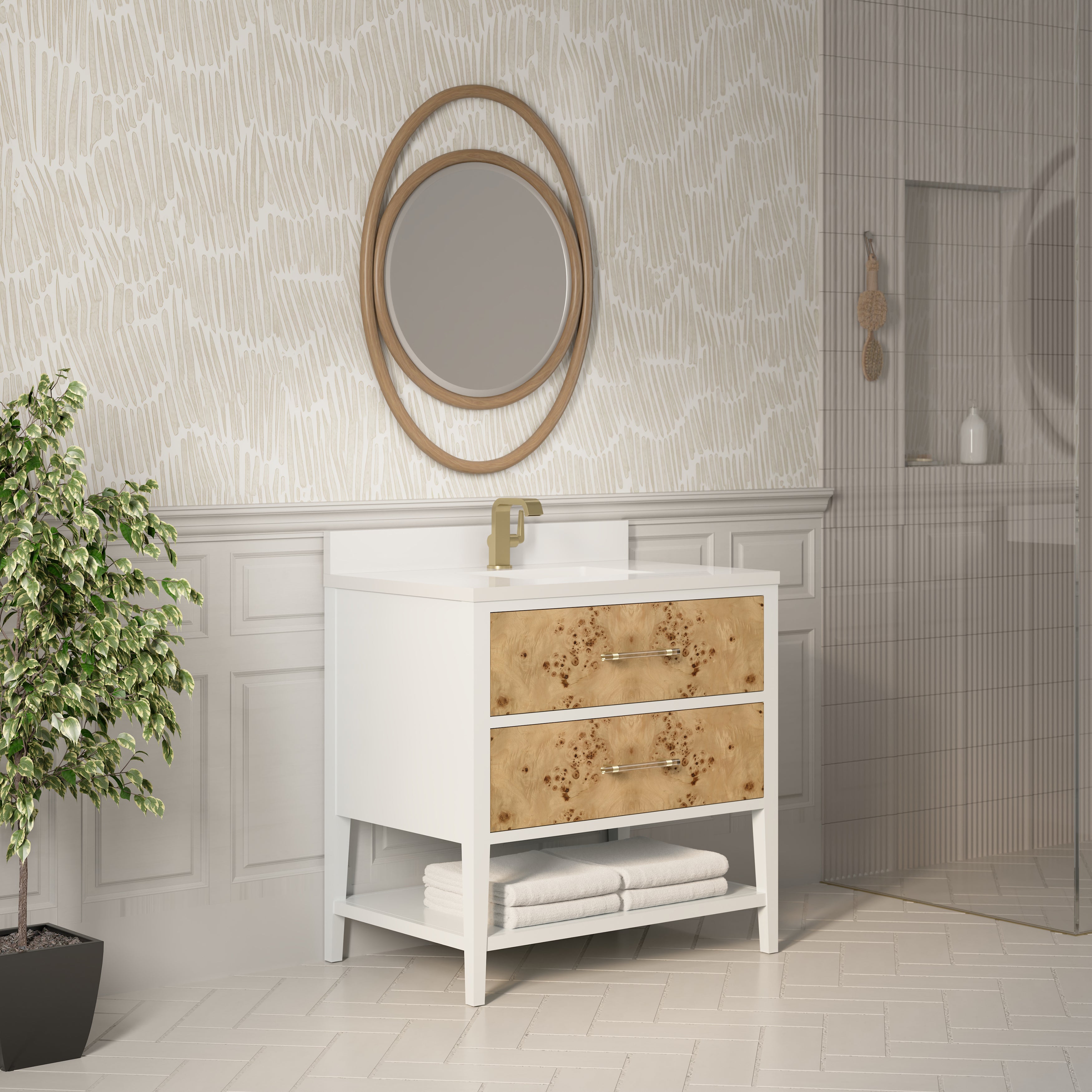 James Martin Olena 36" Single Vanity in Light Mappa Burl and Polished White with 3cm Countertop