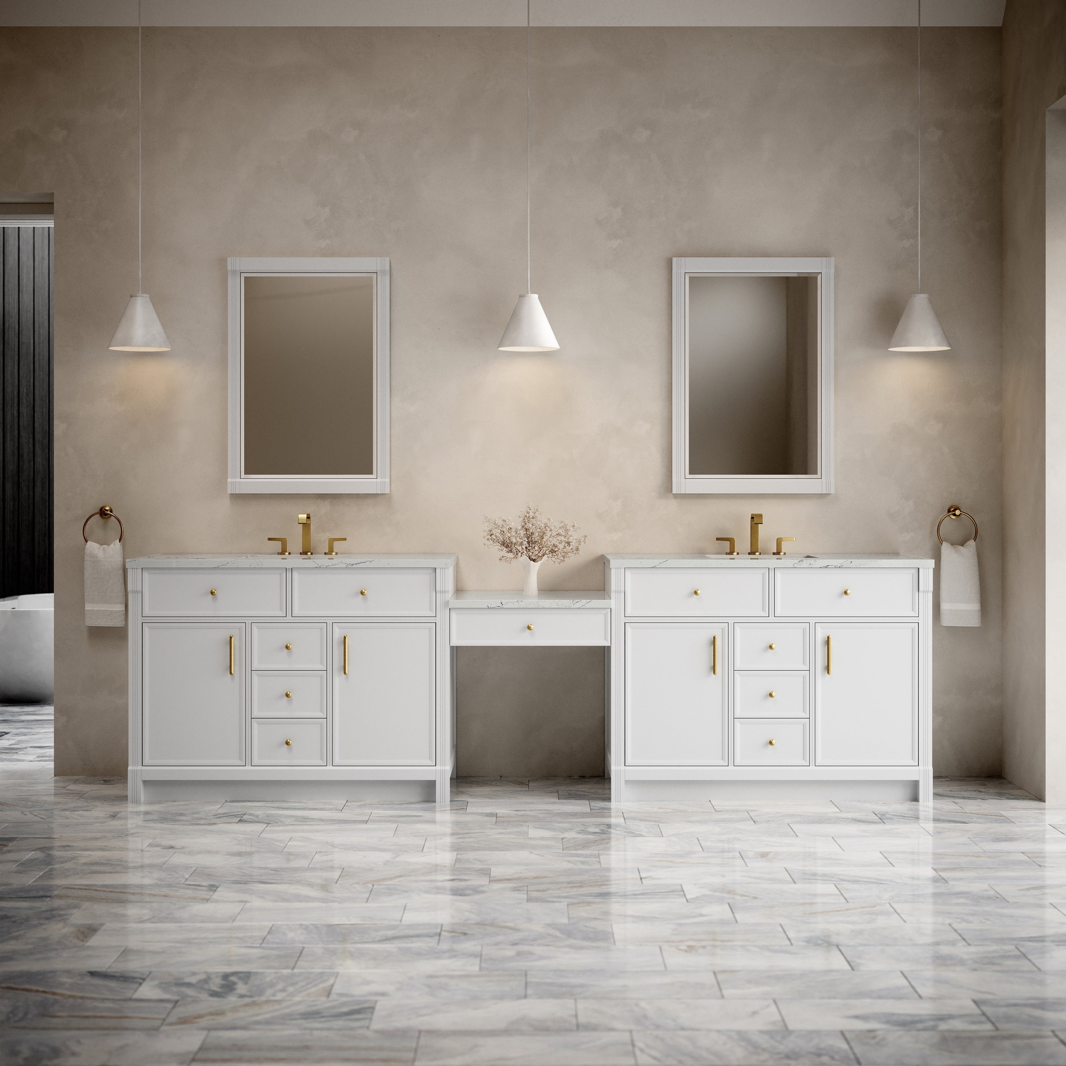 James Martin Bellshire 120" Dual Vanity Set with 24" Make-Up Counter in Bright White with 3cm Countertop