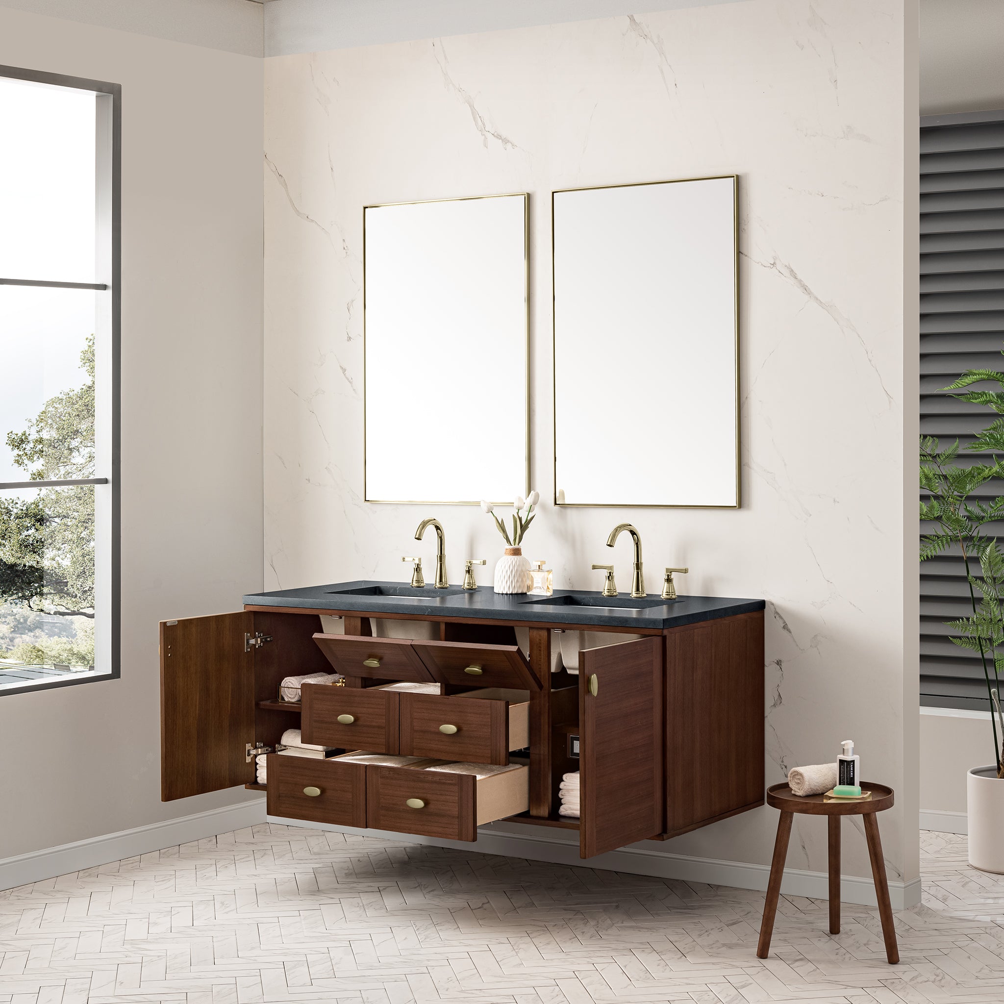 James Martin Amberly 60" Double Vanity in Mid-Century Walnut with 3cm Countertop