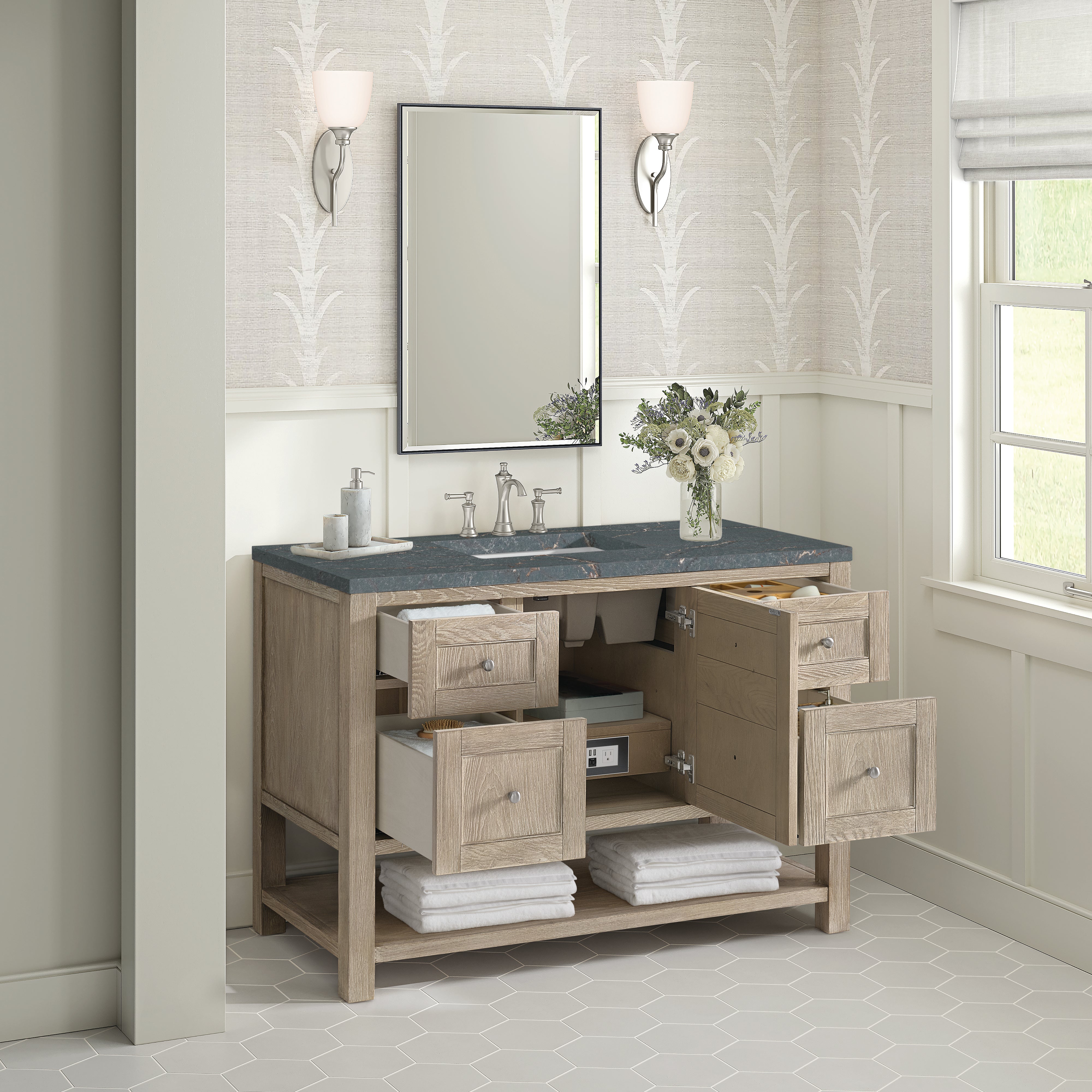 James Martin Breckenridge 48" Single Vanity in Whitewashed Oak with 3cm Countertop and FreePower Wireless Charger