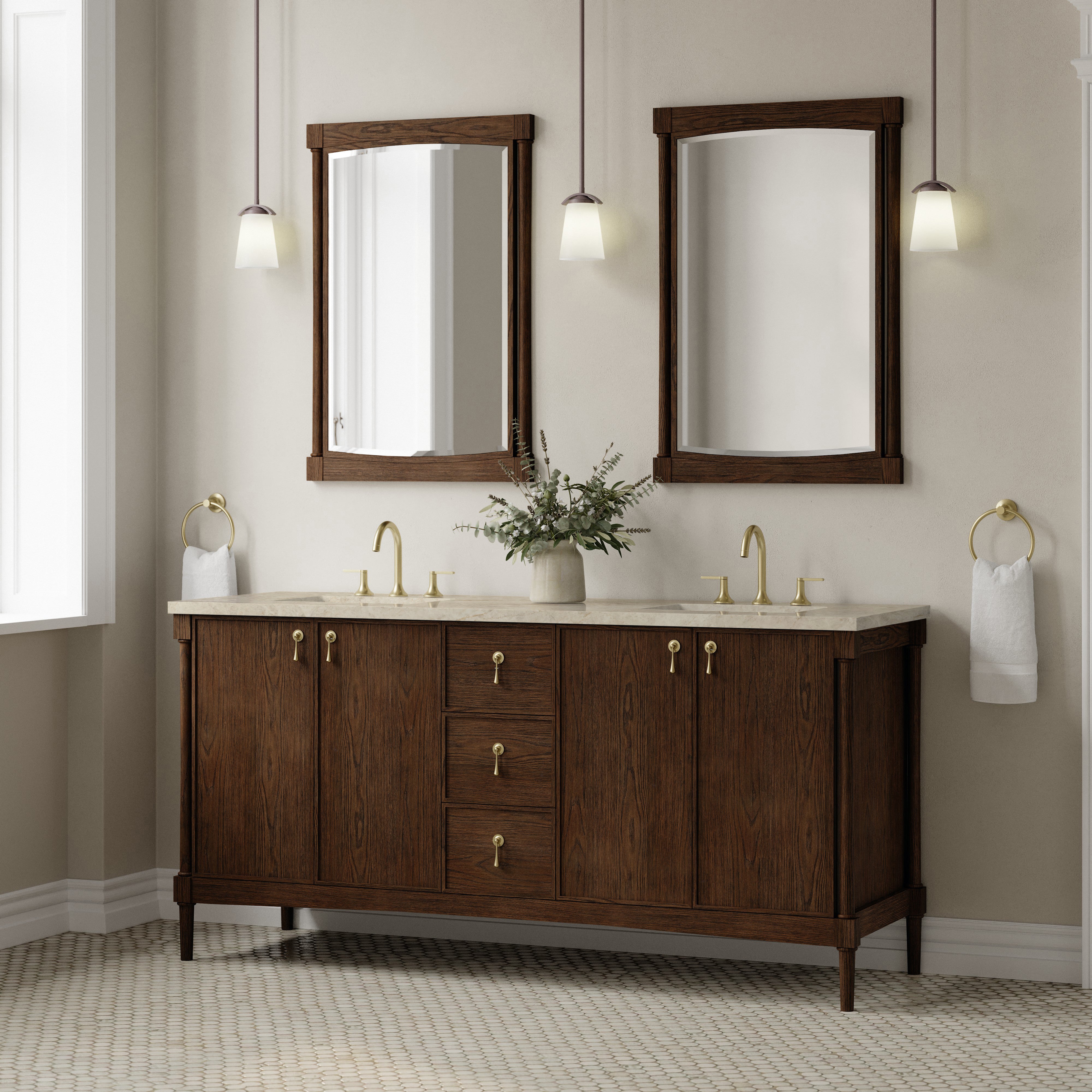 James Martin Kinnsden 72" Double Vanity in Sable Oak with 3cm Carrara Marble Top