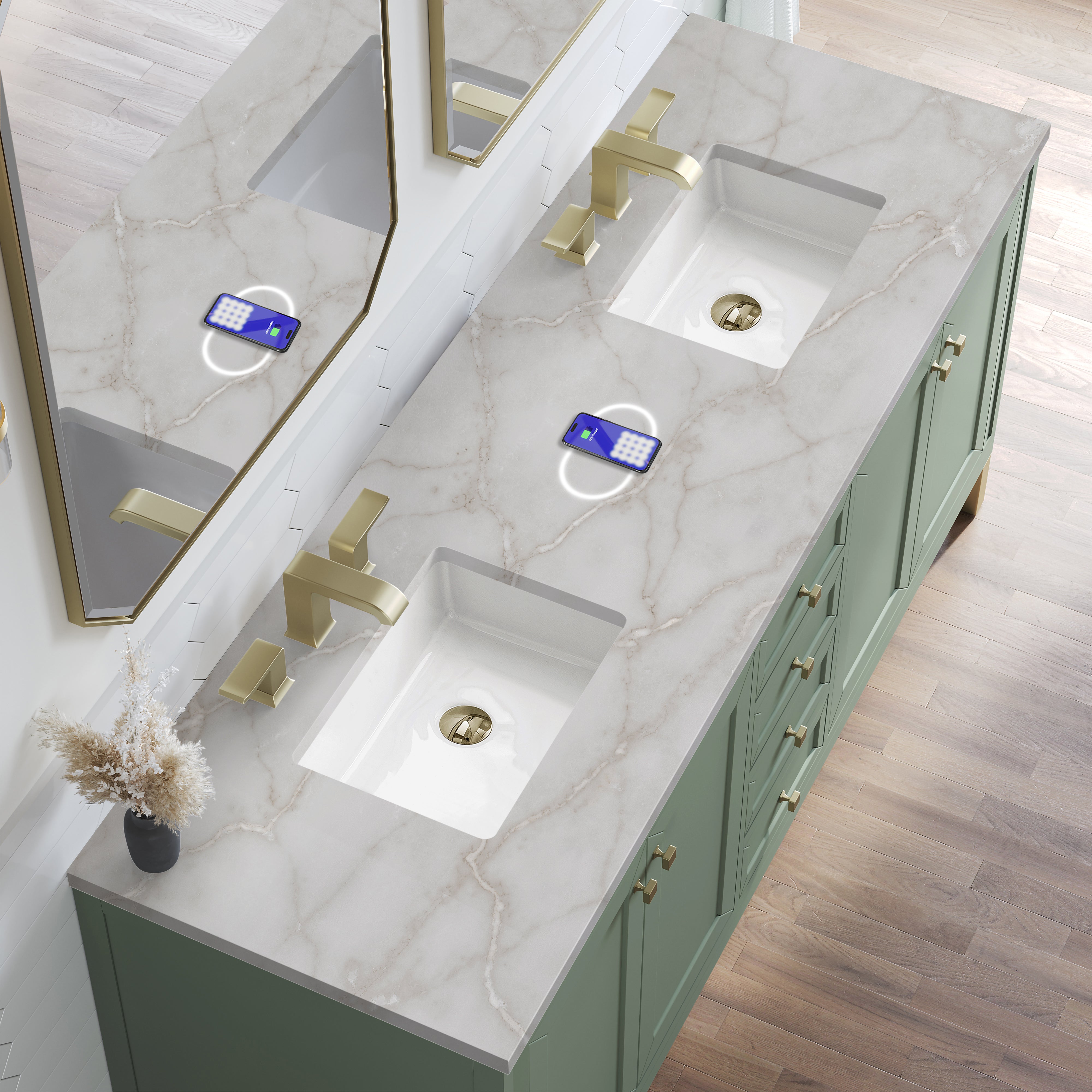 James Martin Chicago 72" Double Vanity in Smokey Celadon with 3cm Countertop and FreePower Wireless Charger