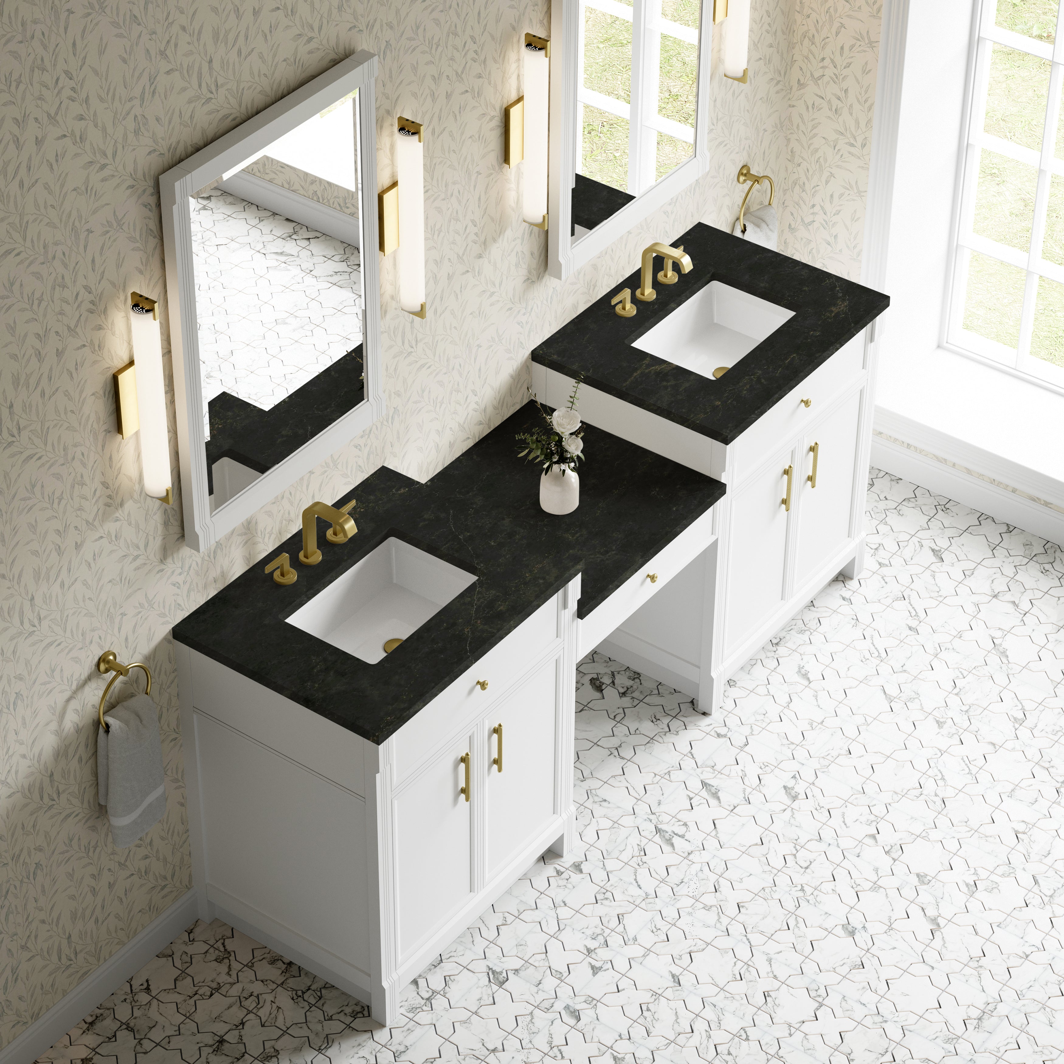 James Martin Bellshire 84" Dual Vanity Set with 24" Make-Up Counter in Bright White with 3cm Countertop