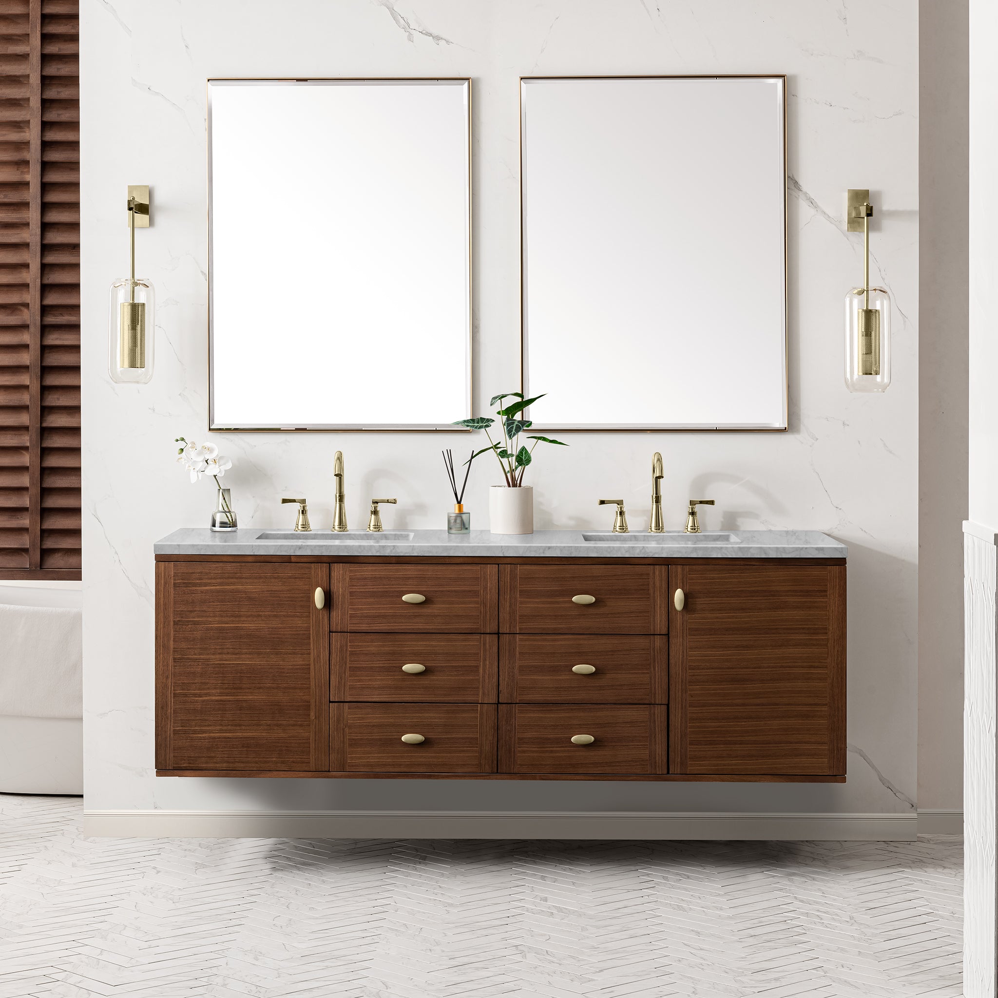 James Martin Amberly 72" Double Vanity in Mid-Century Walnut with 3cm Countertop