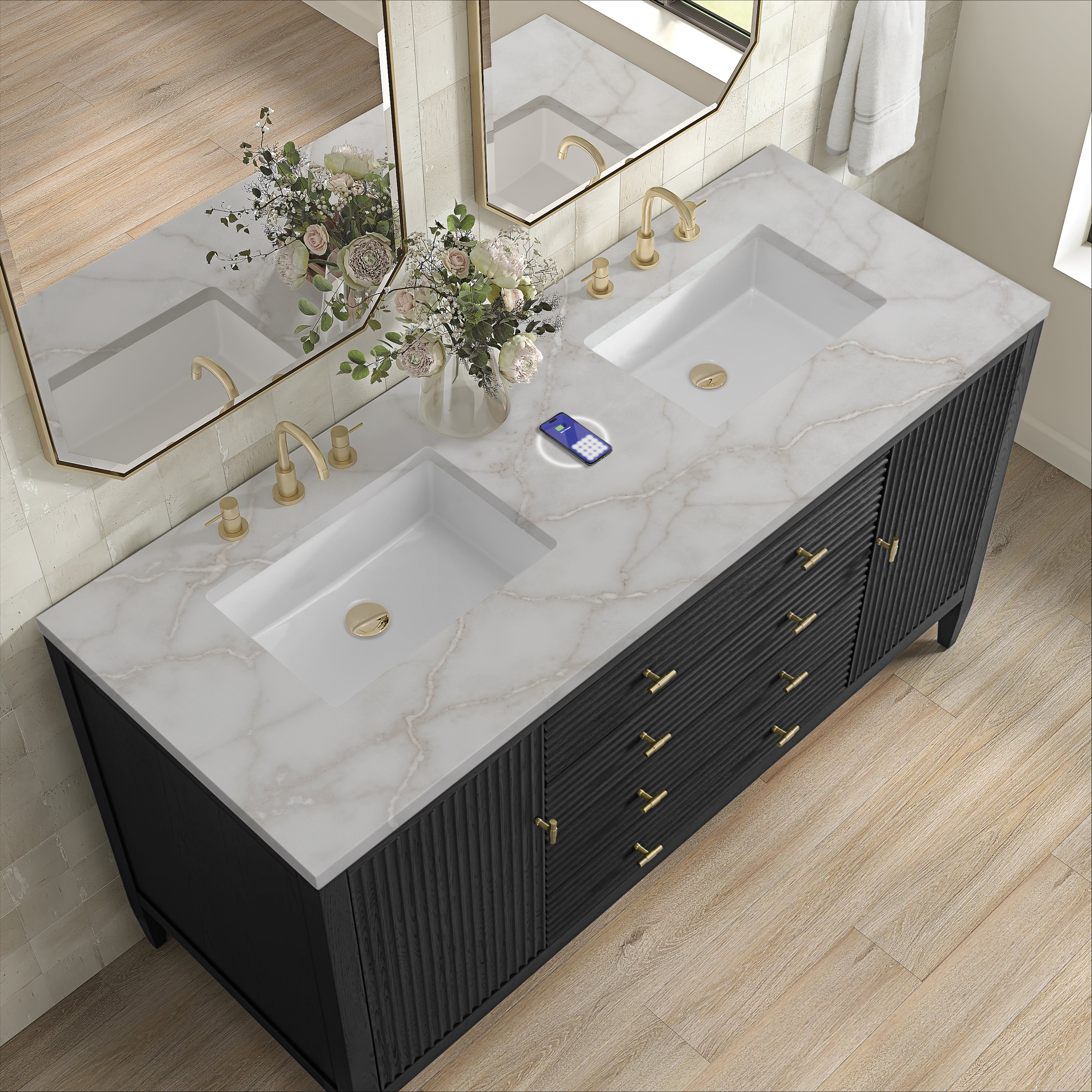 James Martin Myrrin 60" Double Vanity in Carbon Oak with 3cm Countertop and FreePower Wireless Charger
