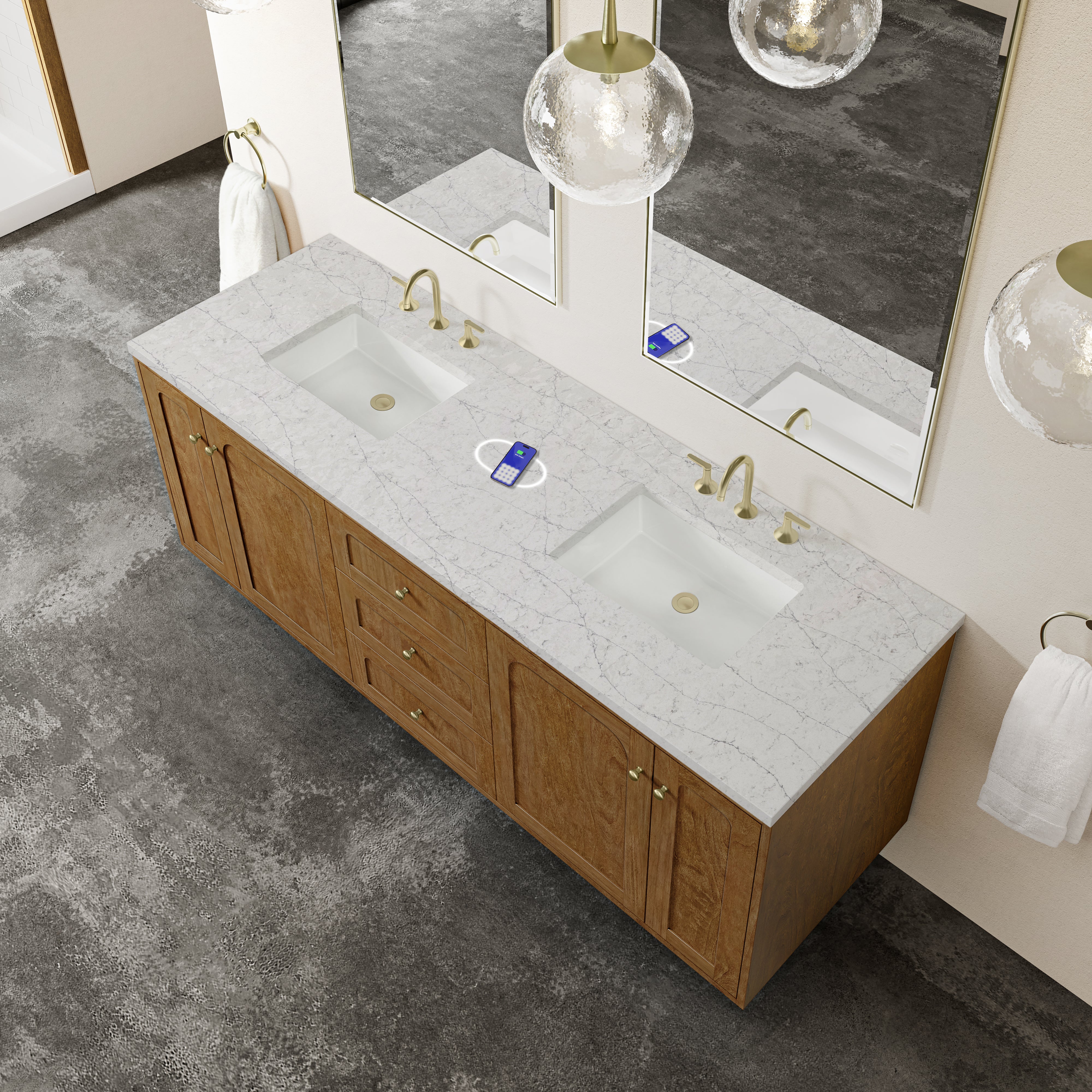 James Martin Laurent 72" Double Vanity in Honey Oak with 3cm Countertop and FreePower Wireless Charger