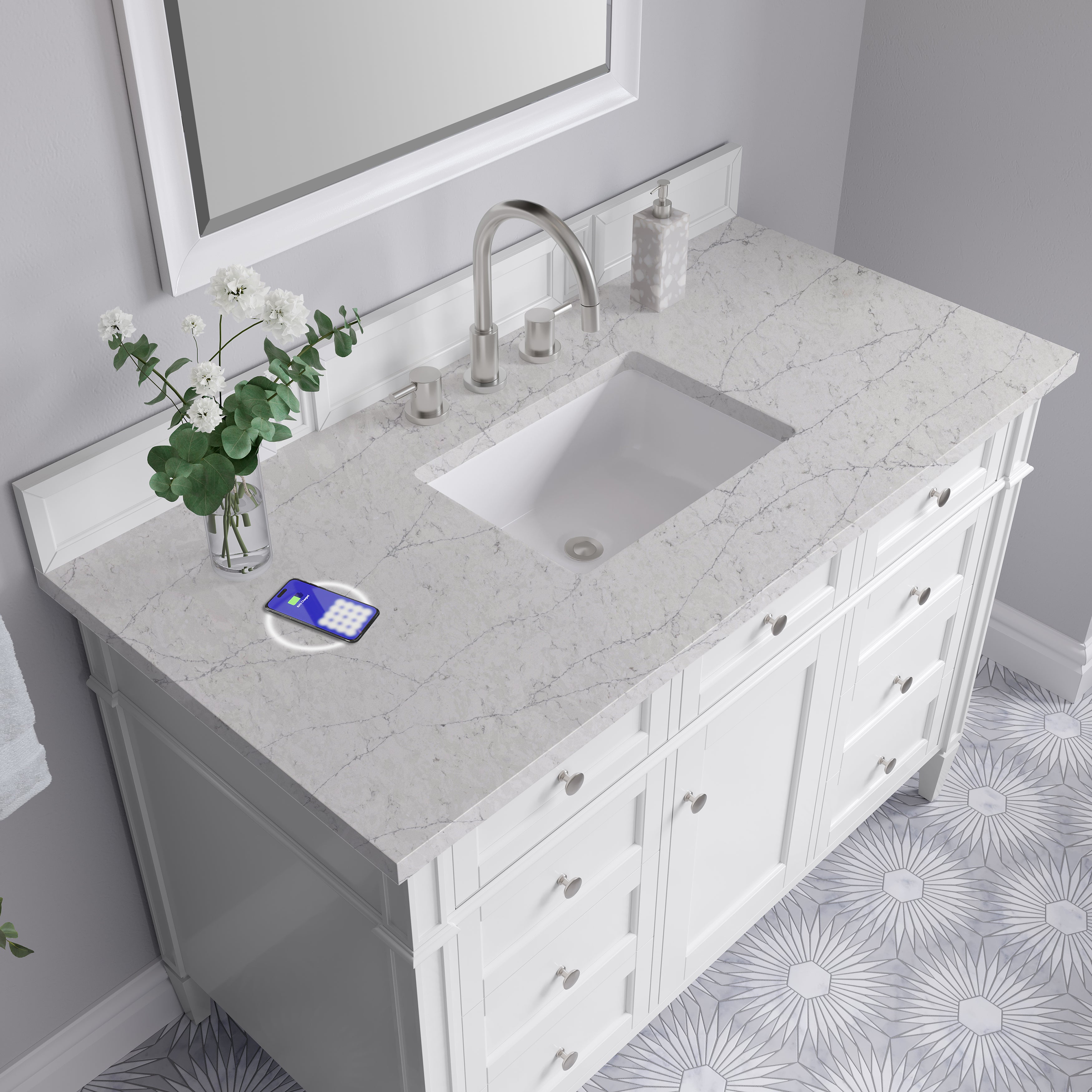 James Martin Brittany 48" Single Vanity in Bright White with 3cm Countertop and FreePower Wireless Charger