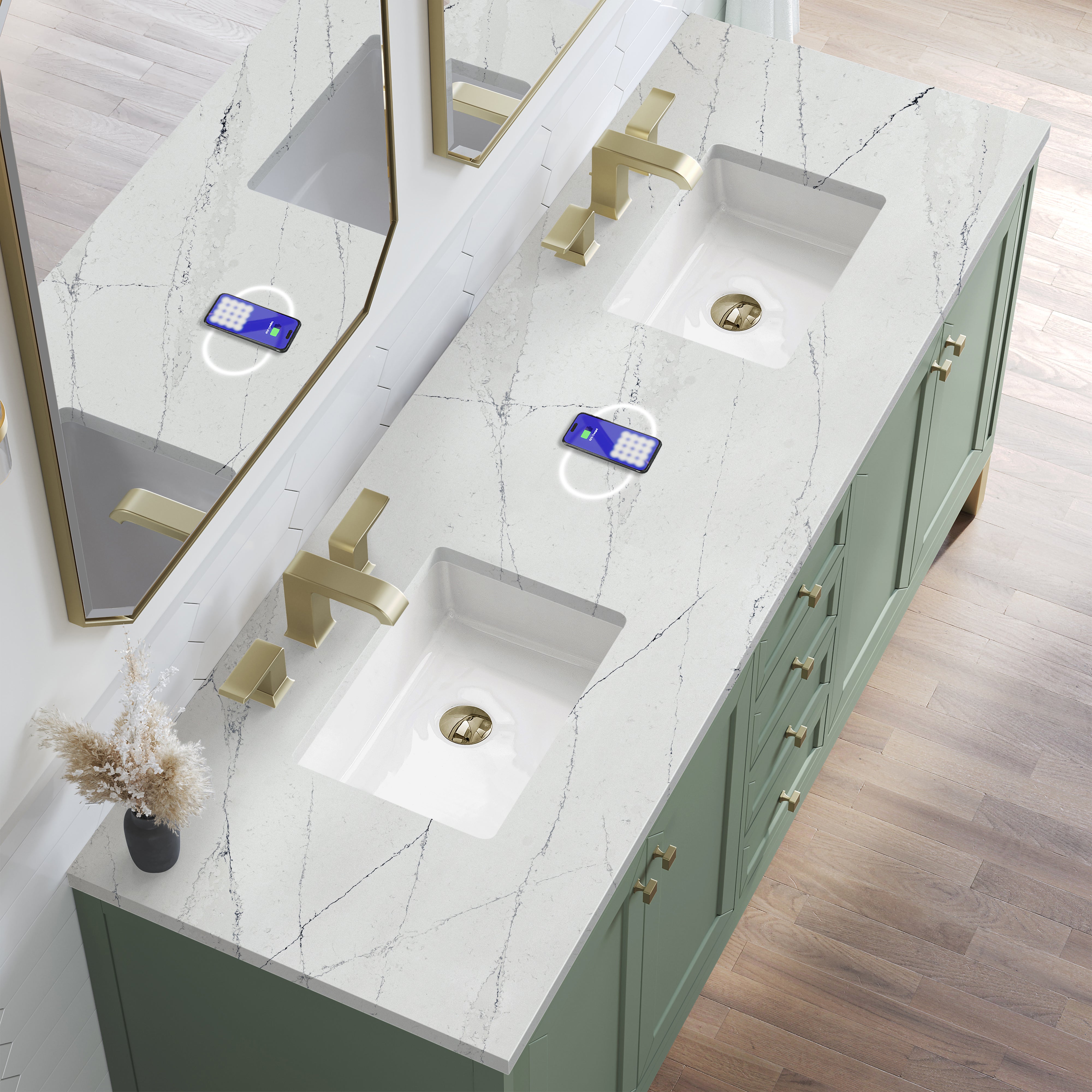 James Martin Chicago 72" Double Vanity in Smokey Celadon with 3cm Countertop and FreePower Wireless Charger
