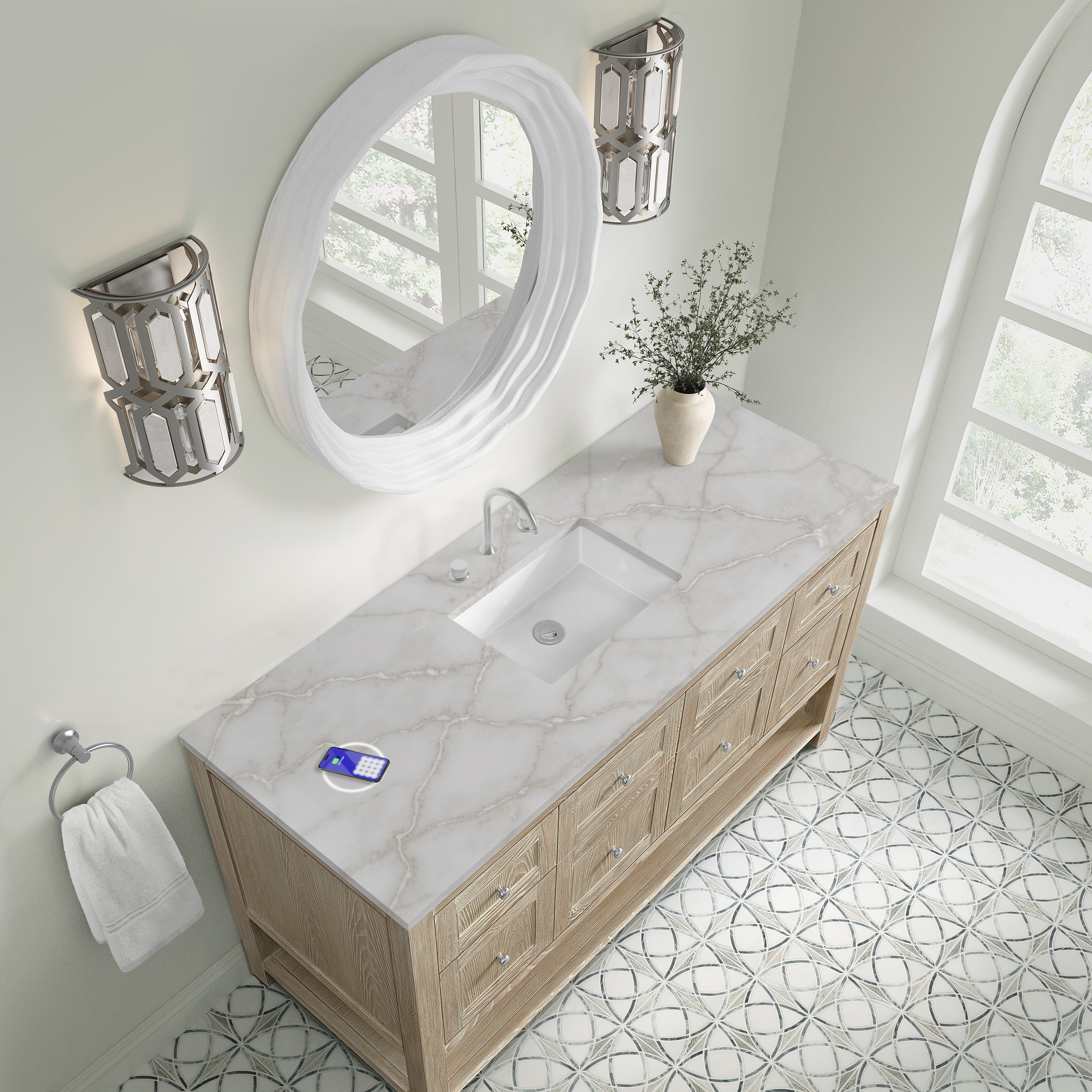 James Martin Breckenridge 60" Single Vanity in Whitewashed Oak with 3cm Countertop and FreePower Wireless Charger