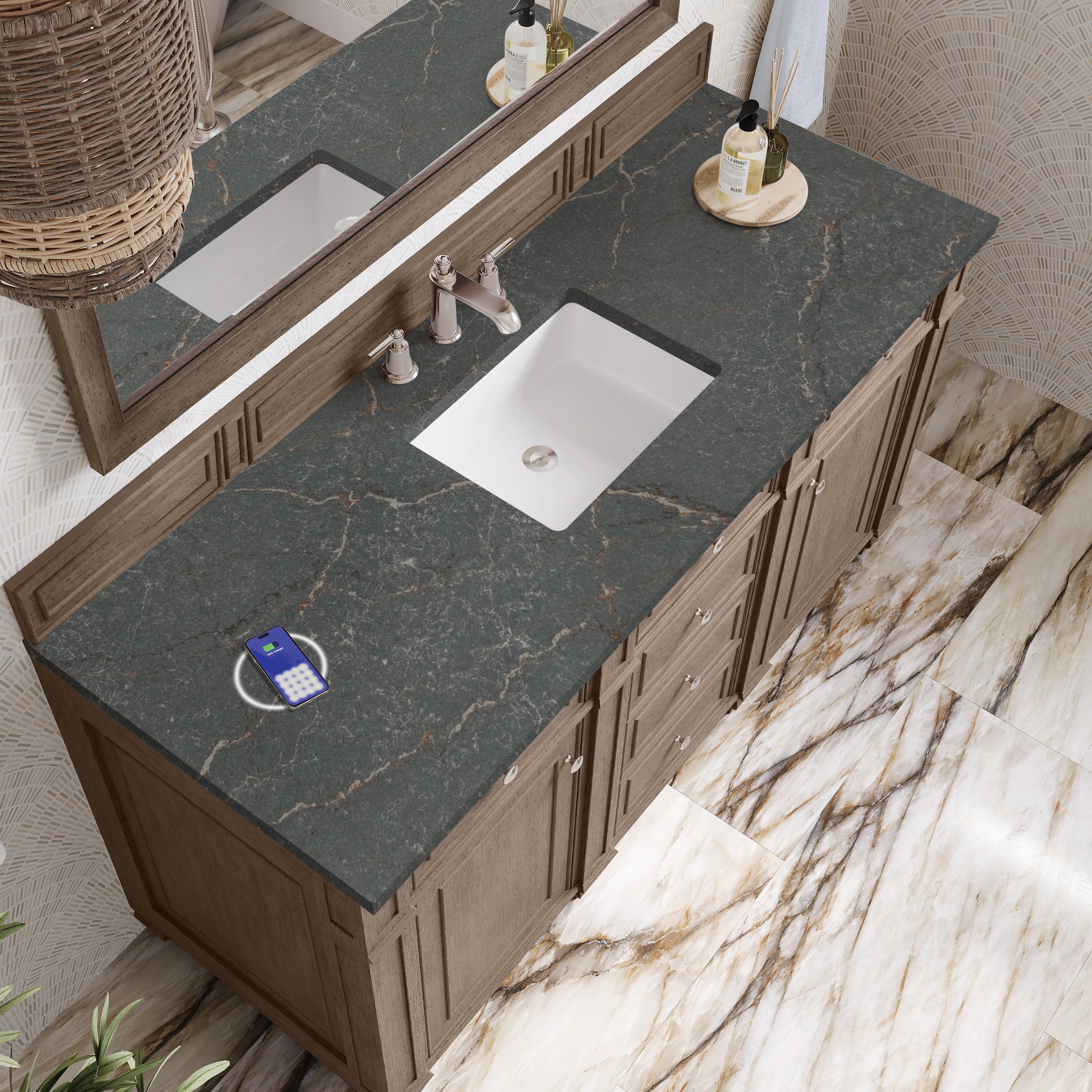 James Martin Bristol 60" Single Vanity in Whitewashed Walnut with 3cm Countertop and FreePower Wireless Charger