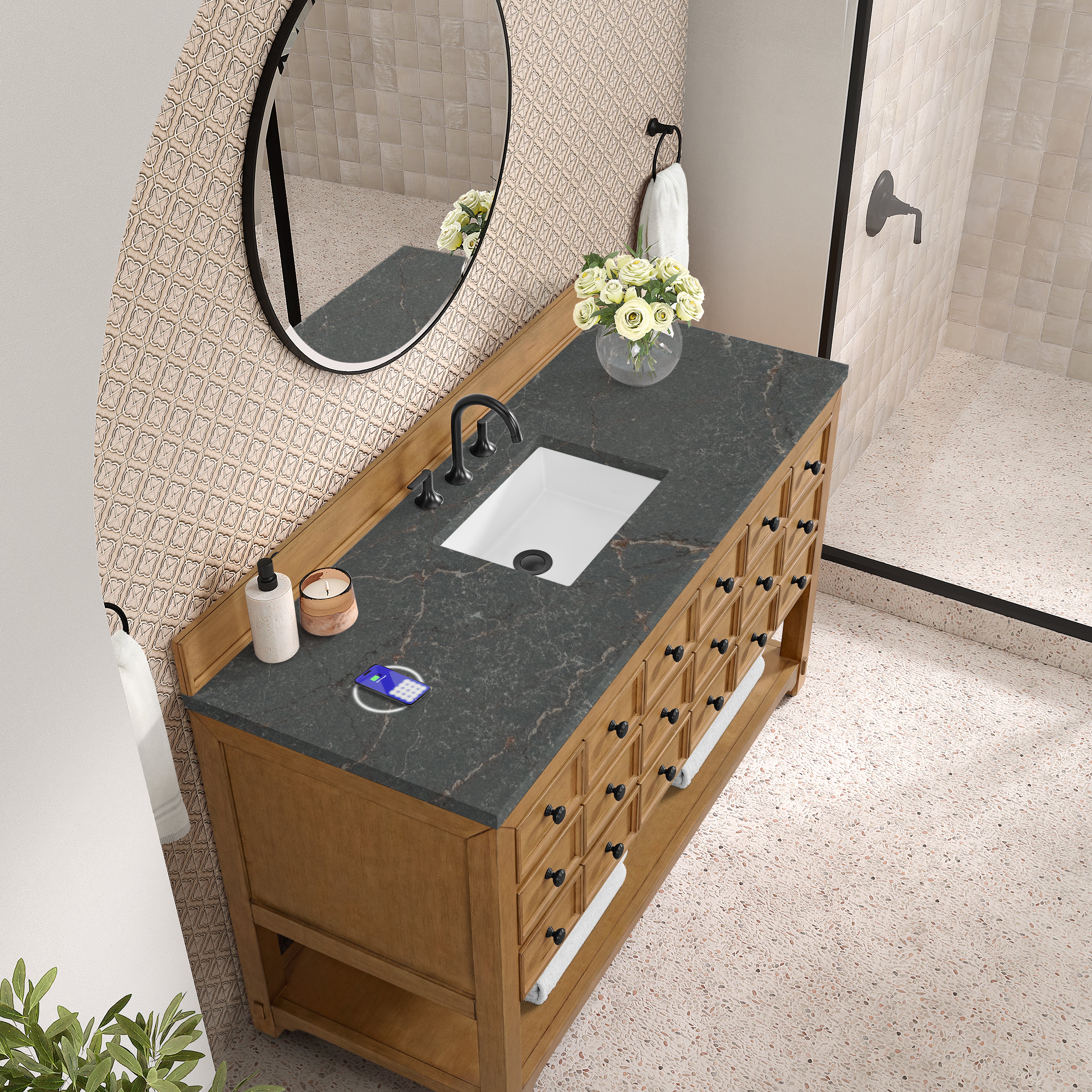 James Martin Malibu 60" Single Vanity in Amber Birch with 3cm Countertop and FreePower Wireless Charger