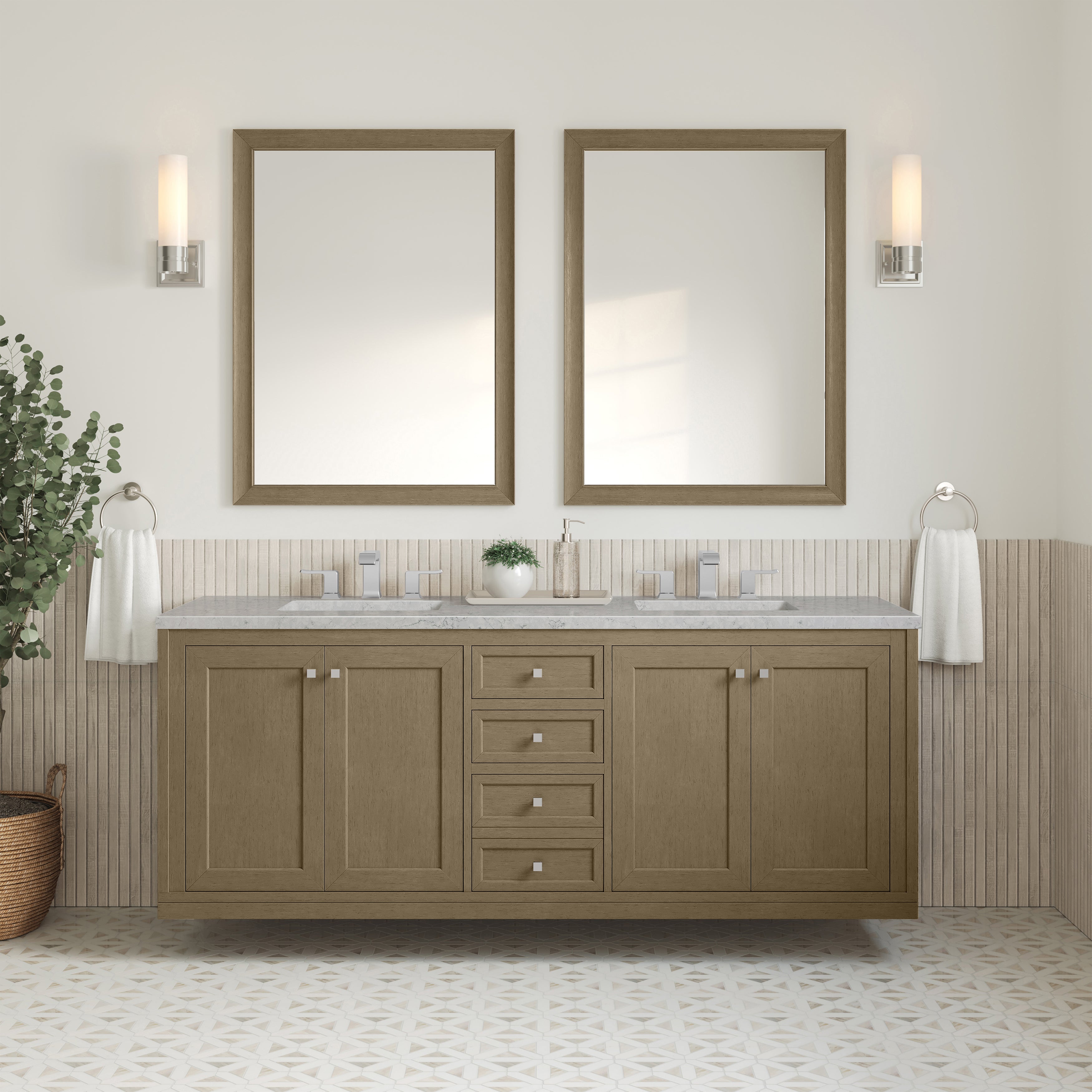 James Martin Chicago 72" Double Vanity in Walnut Whisper with 3cm Countertop and FreePower Wireless Charger