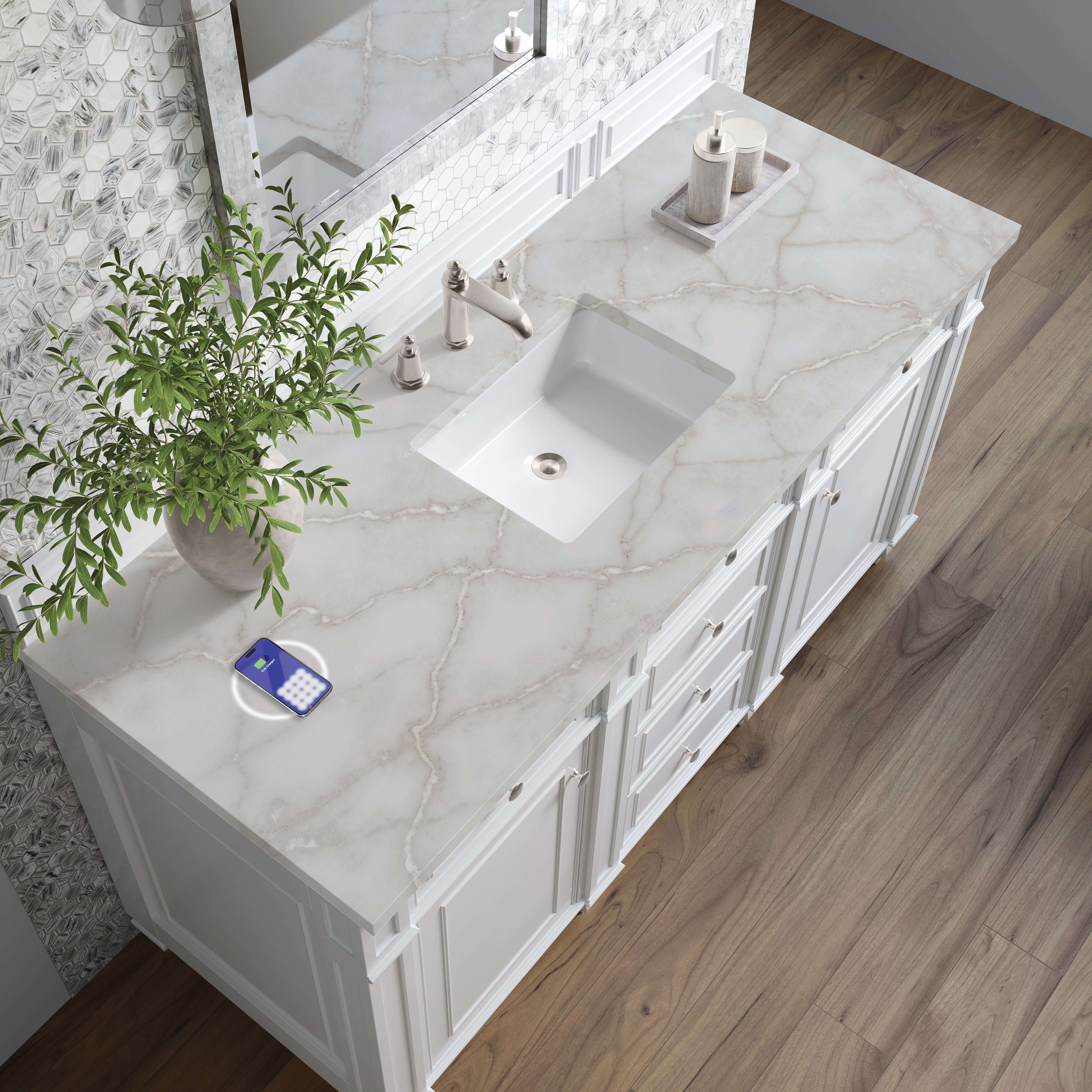 James Martin Bristol 60" Single Vanity in Bright White with 3cm Countertop and FreePower Wireless Charger