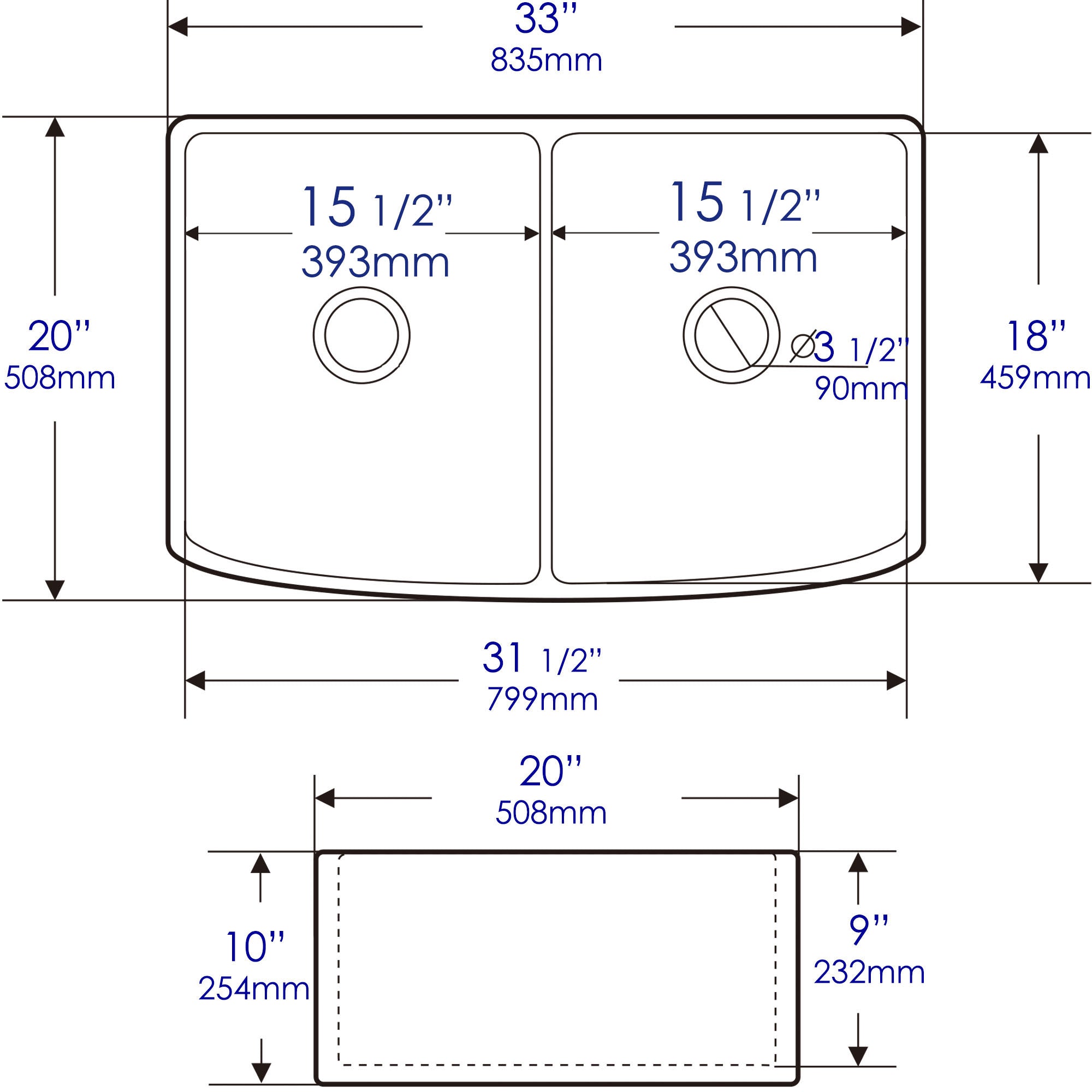 ALFI brand ABFC3320D ABFC3320D-W White Smooth Curved Apron 33" x 20" Double Bowl Fireclay Farm Sink with Grid